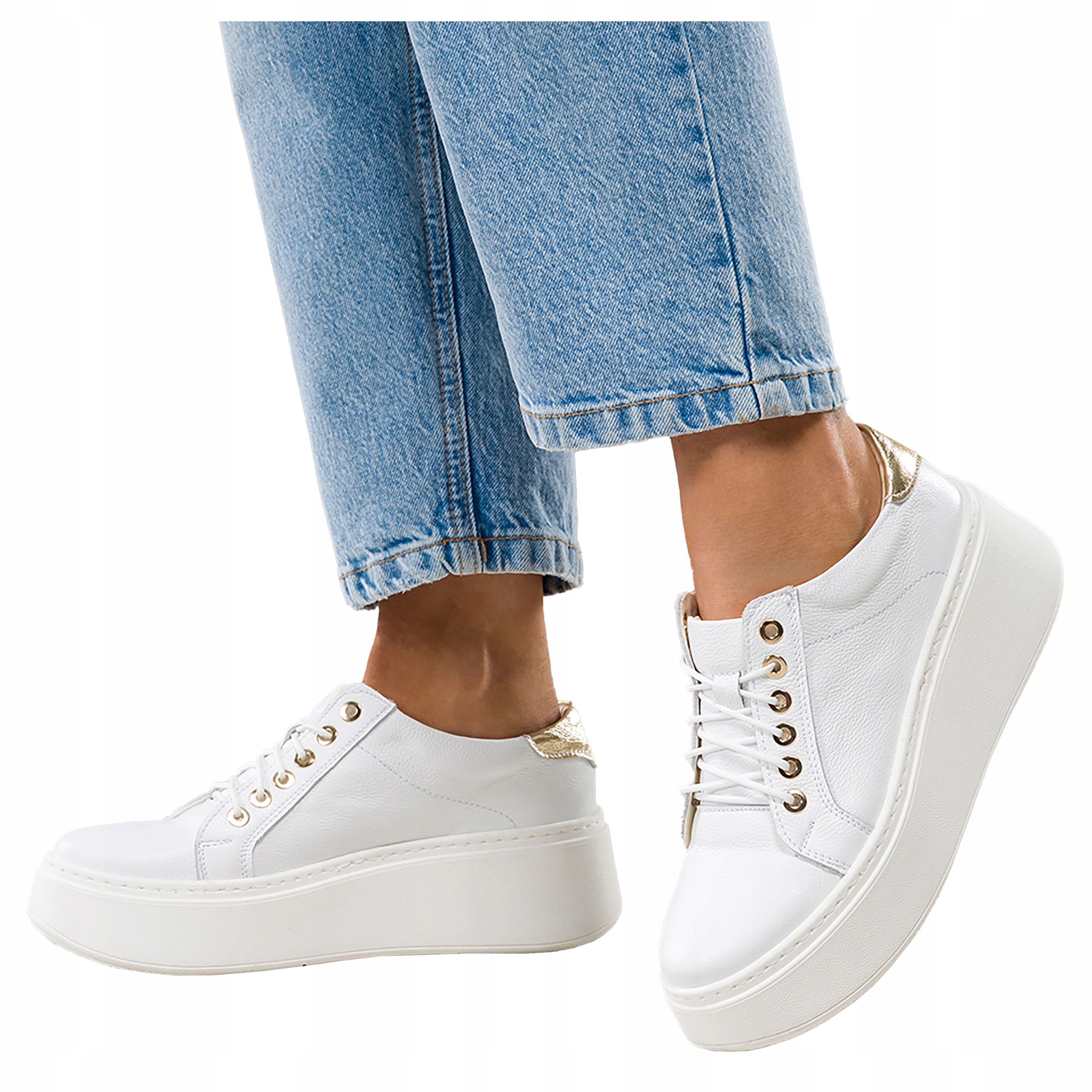 Sneakersy Dámské Kožené Bílé Creepersy Komfortní Polský výrobek, velikost 41