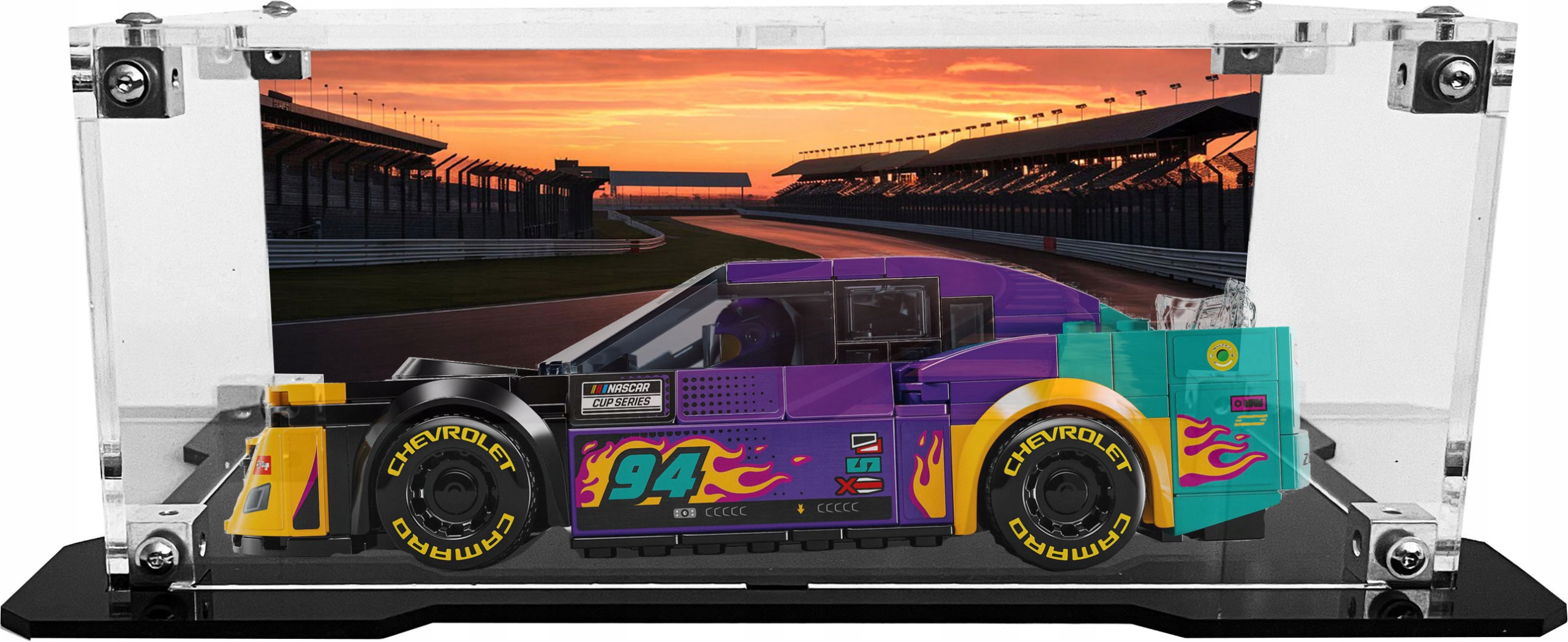 Vitrína s černou základnou a pozadím pro sadu Lego 76935 Nascar Chevrolet