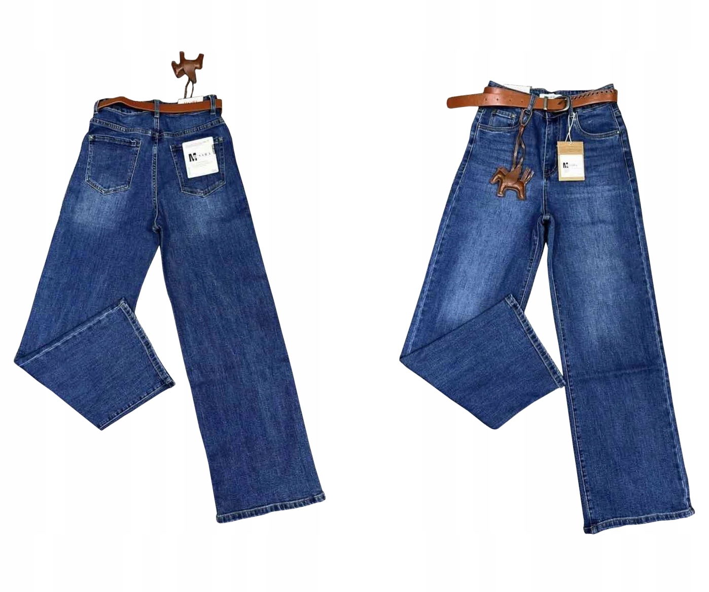 M.sara Damskie Spodnie Jeansy Szerokie Proste Nogawki Pasek