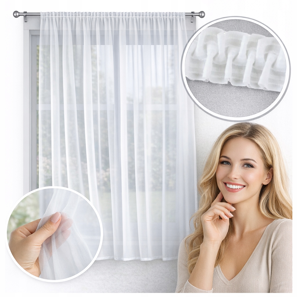 Firana gotowa salon sypialnia Woal gładka biała Taśma i tunel 500x260 modna