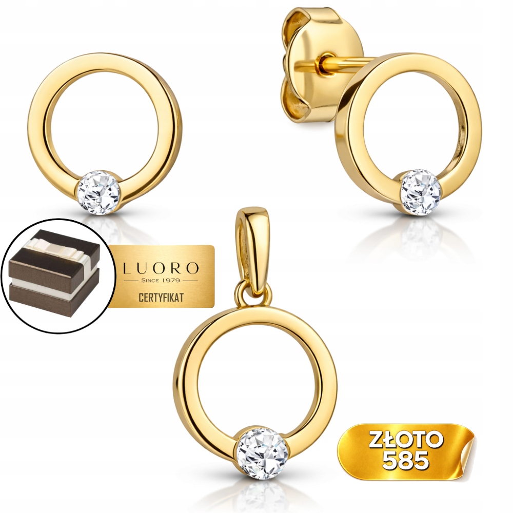 Komplet Zlatý 585 14K Kroužek Se Zirkonem Náušnice 8 MM Přívěsek 15 MM