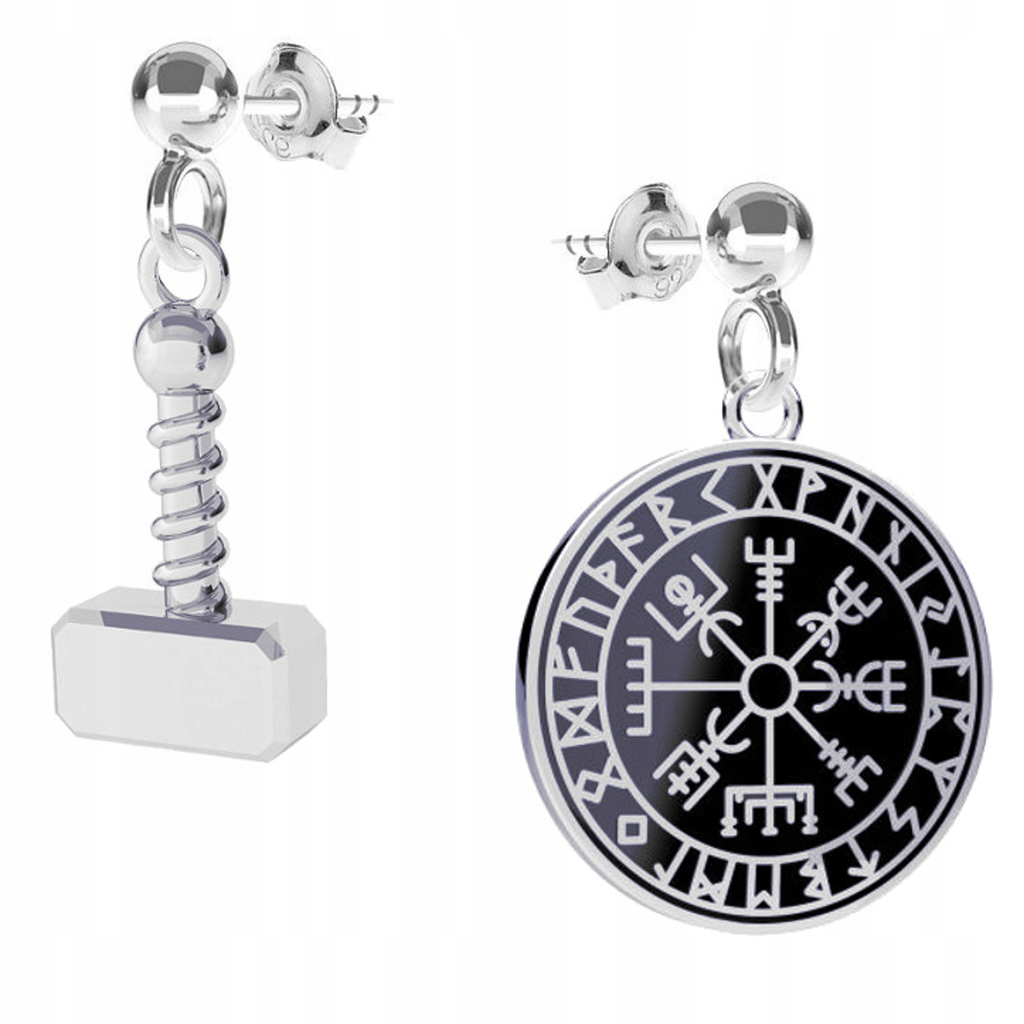 Kompas Vegvisir Kladivo Mjolnir Wiking Asymetrické náušnice tyčinka stříbro 925