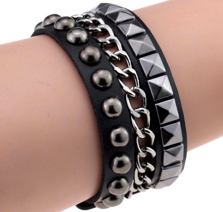 

Czarna Skórzana Bransoletka Dżety Punk rock skóra