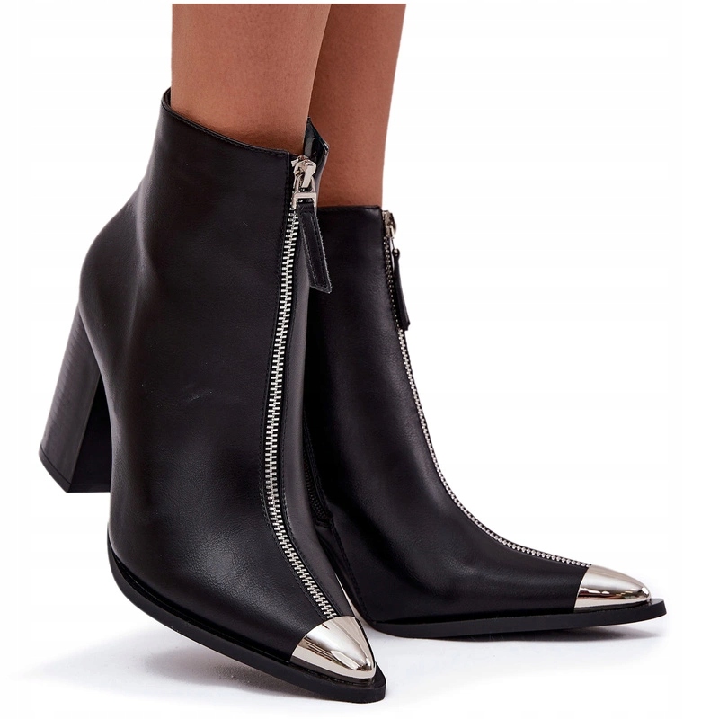 Dámské Kotníkové Boty Eko Kožené Podpatky Ozdobný Sloupek Zip Černé 38
