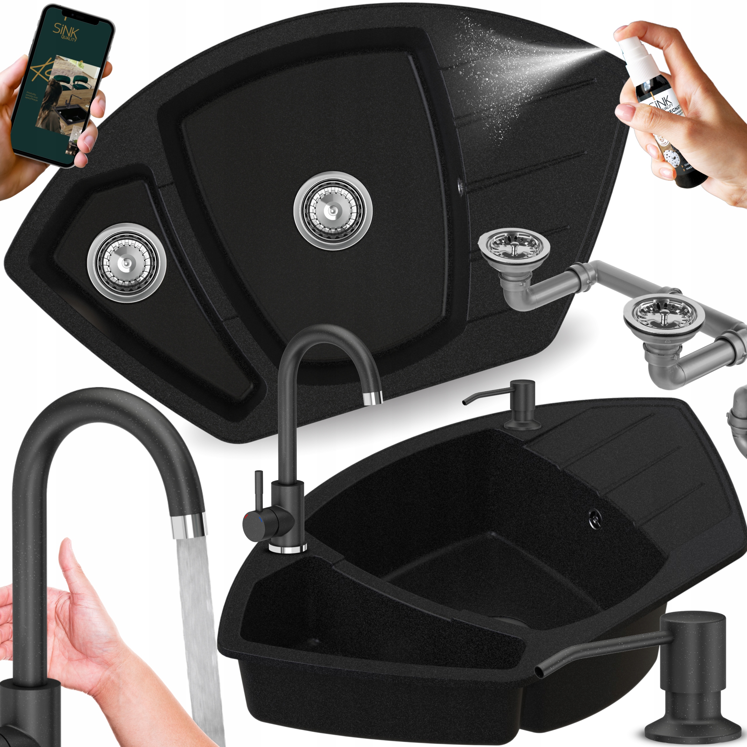 Dřez rohový dřez s odkapávačem, půlkruhový, s baterií