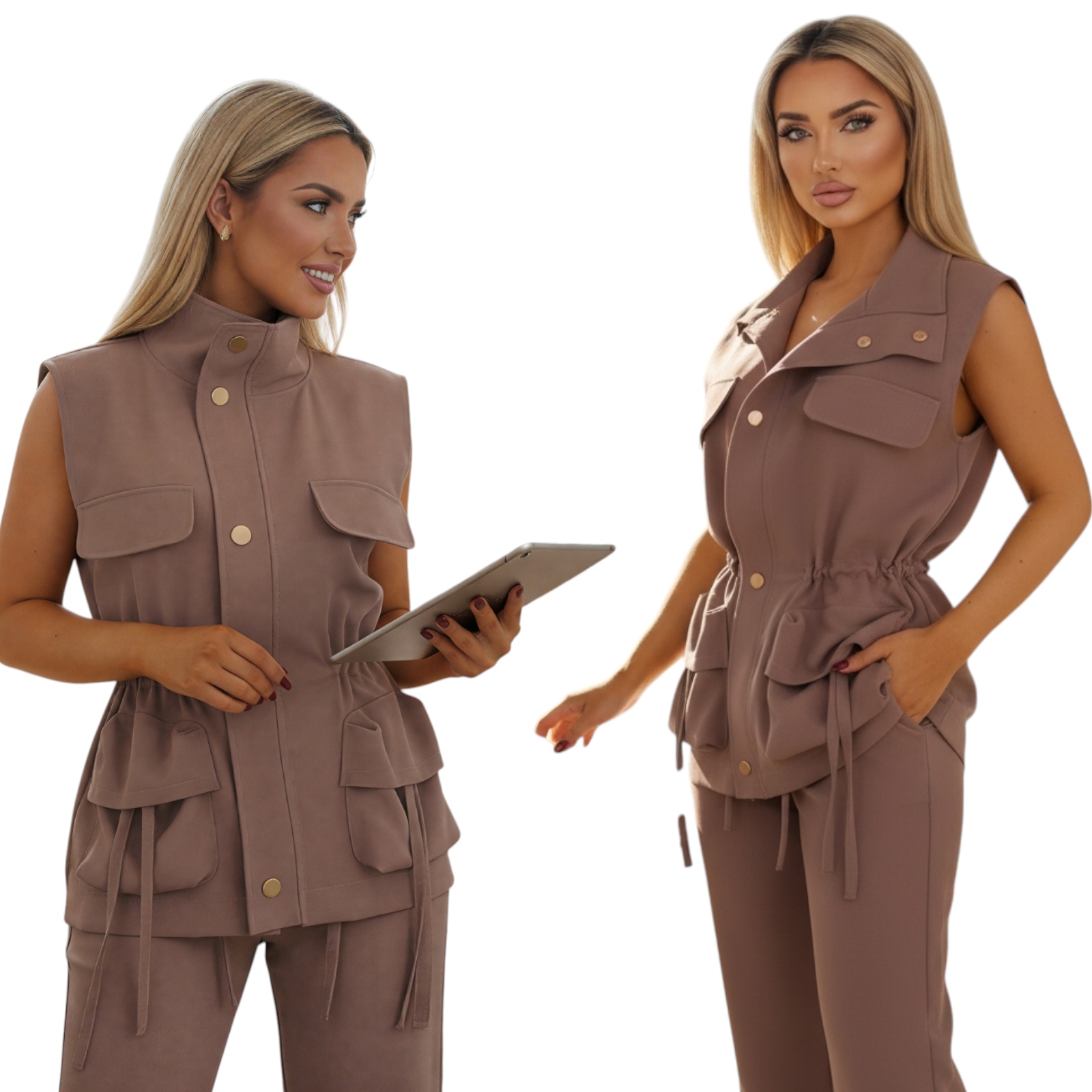 Dámský komplet Elegantní kalhoty Premium Polská výroba Béžová S