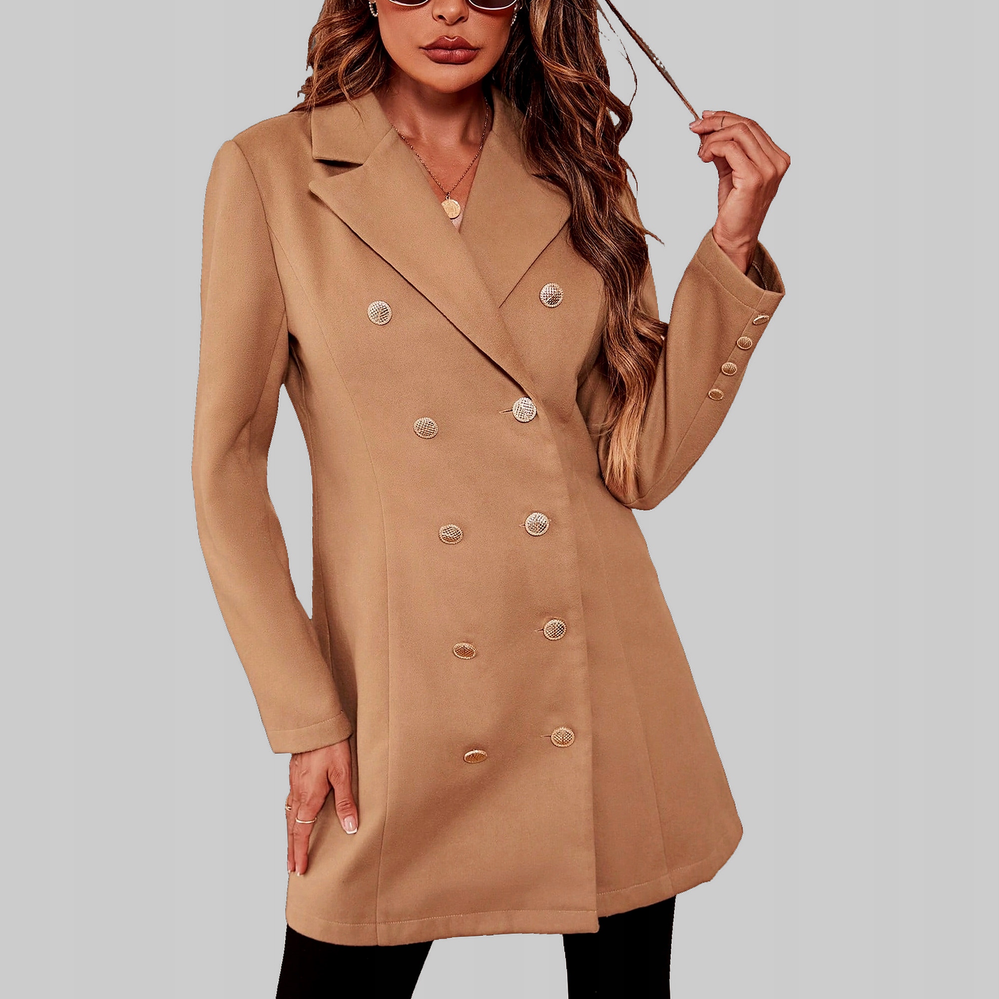 Dámský Kabát Midi Elegantní se zlatými knoflíky Khaki Shein L 40