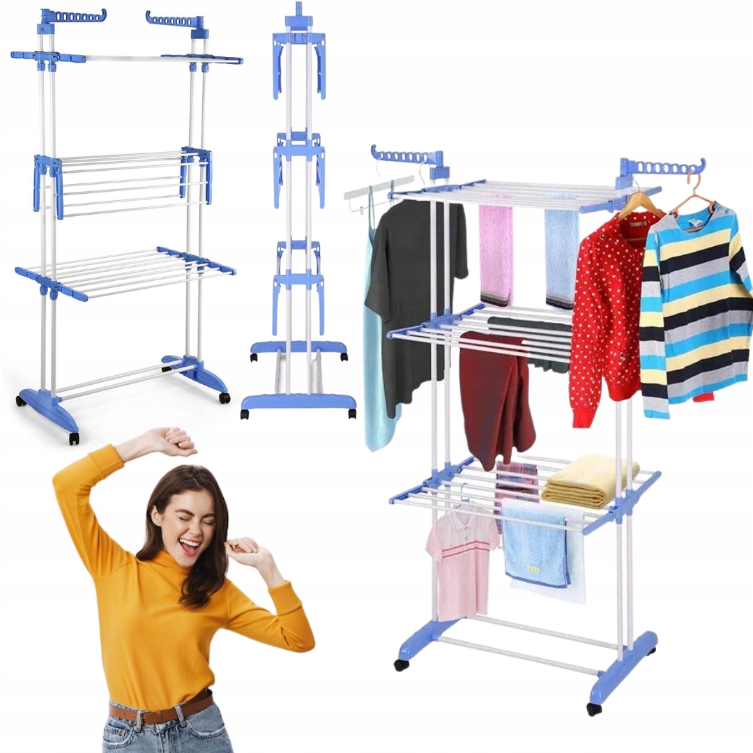 POJEMNA DUŻA Suszarka wolnostojąca pionowa SKŁADANA 186x78 cm niebieska