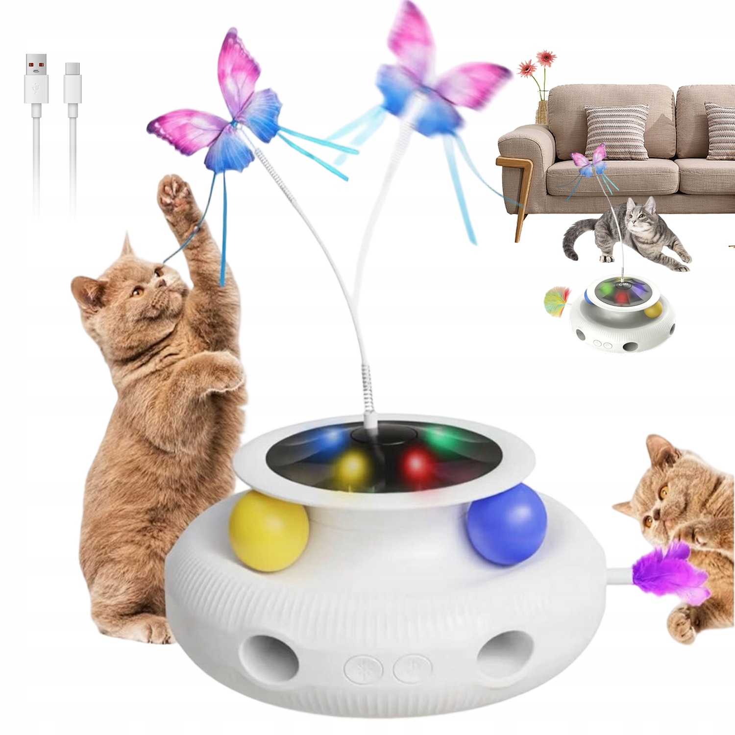 Levně Hračka Pro Kočky 4V1 Interaktivní S Led Světly Automatická Funkce Usb