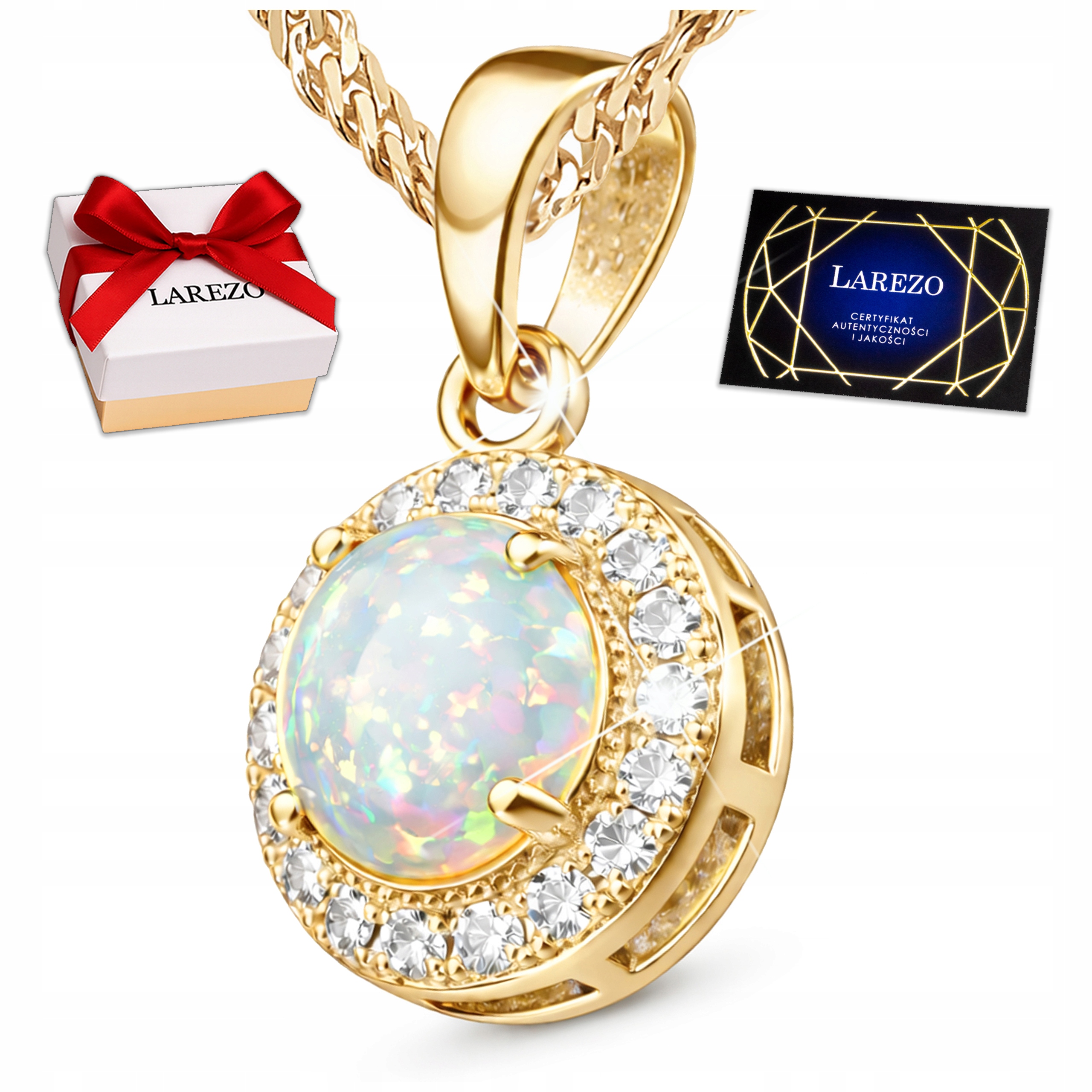 Złoty Naszyjnik Biały Opal Okrągła Zawieszka Cyrkonie z Opalem Srebro 925