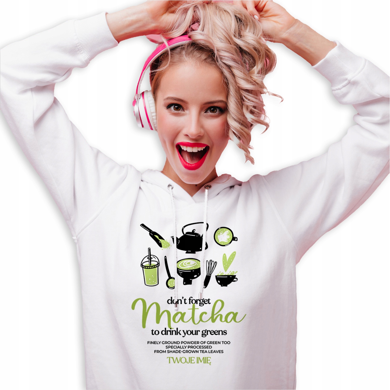 Mikina Hoodie Bílá pro milovnici Matchy Don't Forget Matcha Jméno M