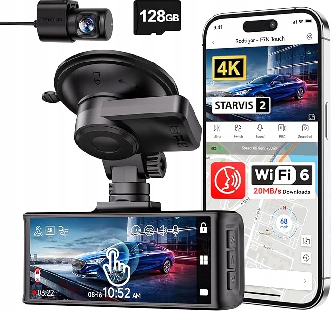 Videorekordér Redtiger F7NT 4K s dvojitou palubnou kamerou, 128 Gb, dotykovou obrazovkou, Gps