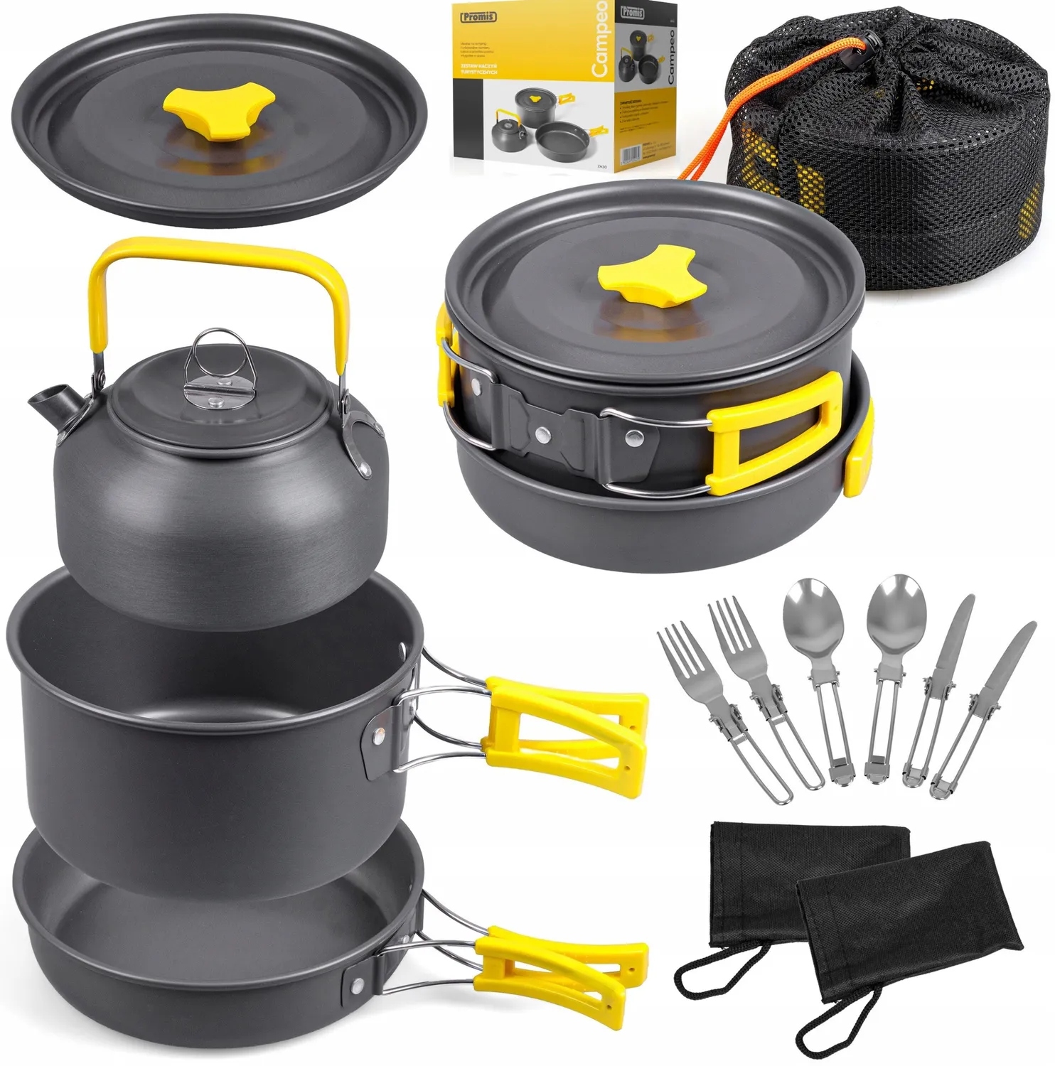 Zestaw Naczynia Turystyczne Campeo Garnki Sztućce Patelnia Czajnik Etui