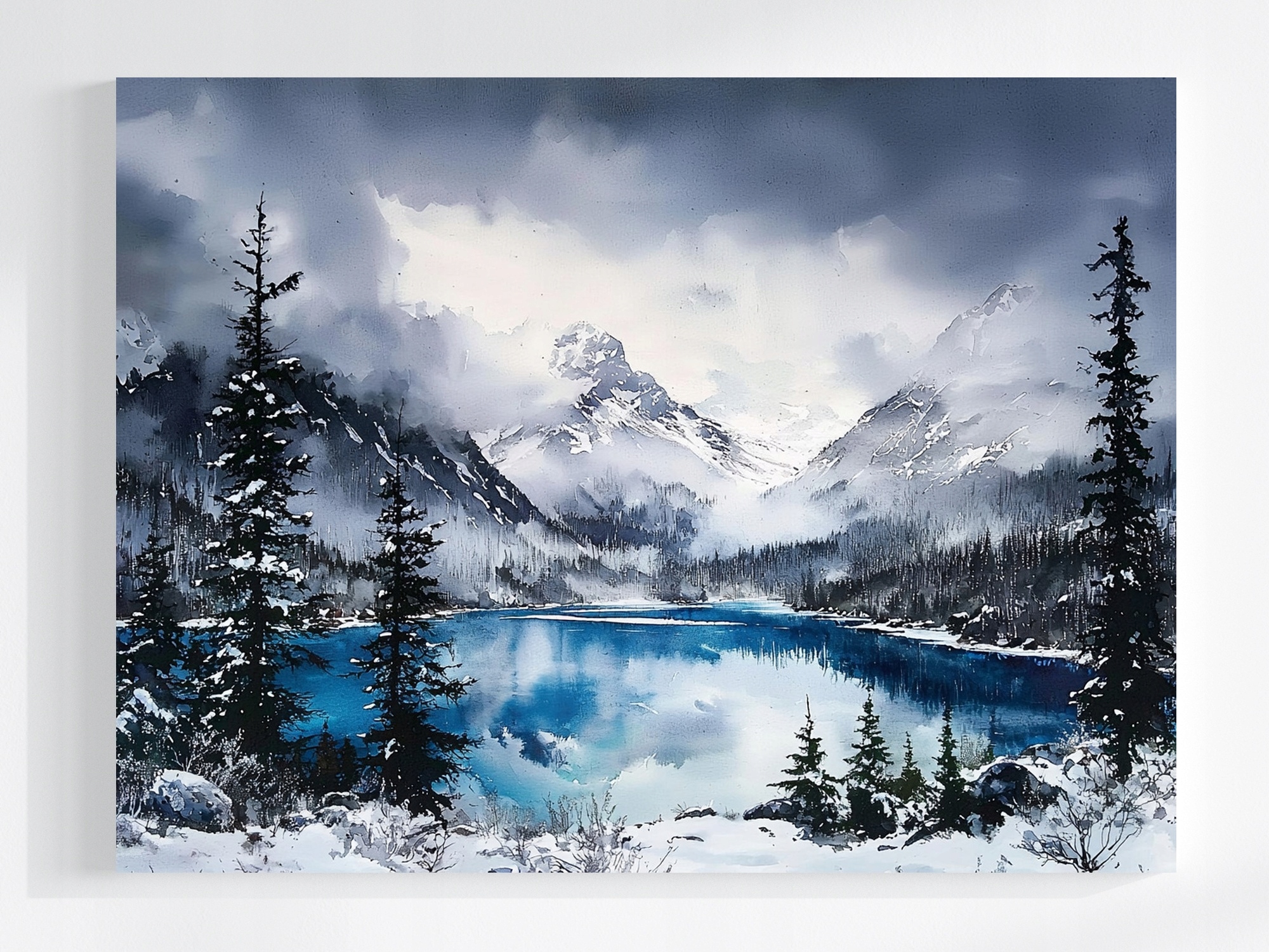 Obraz Na Plátně Canvas Krajina Hory Vrcholky Jezero Zima Sníh Mlha 80x60