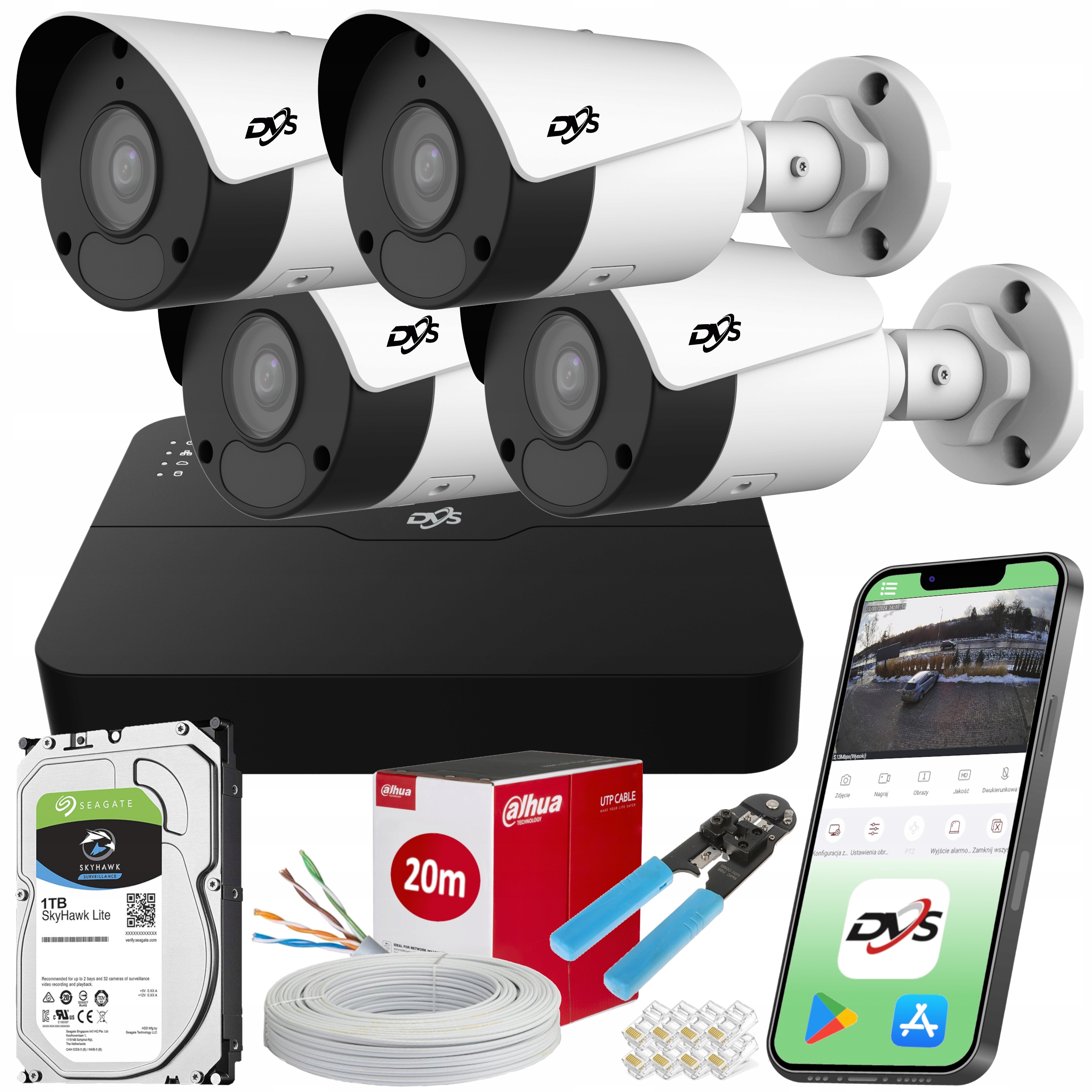 ZESTAW DO MONITORINGU DOMU 4 KAMERY ZEWNĘTRZNE IP POE FULL HD DYSK 1TB DVS