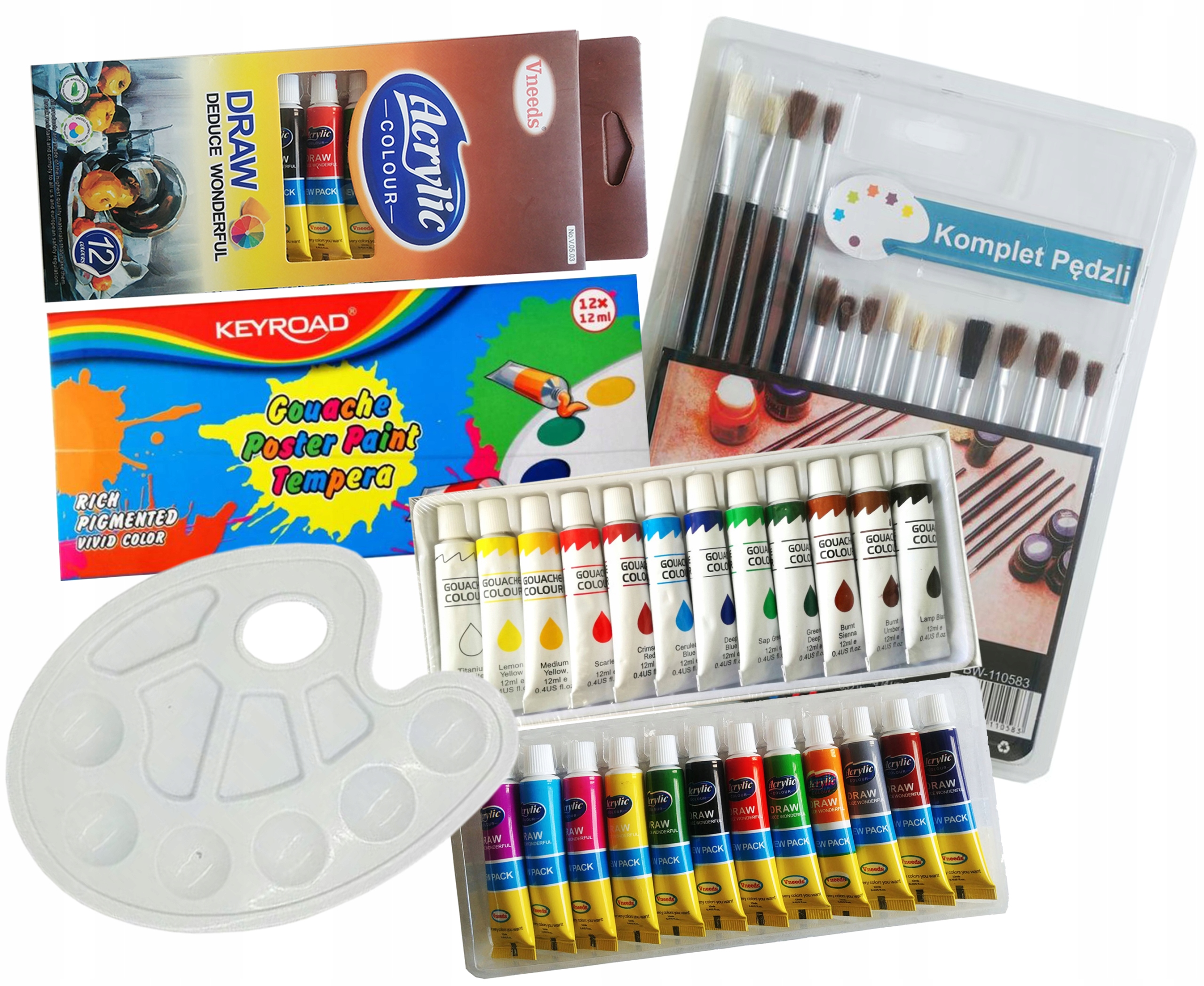 FARBY AKRYLOWE GWASZE PALETA PEDZLE 24x12ml ZESTAW