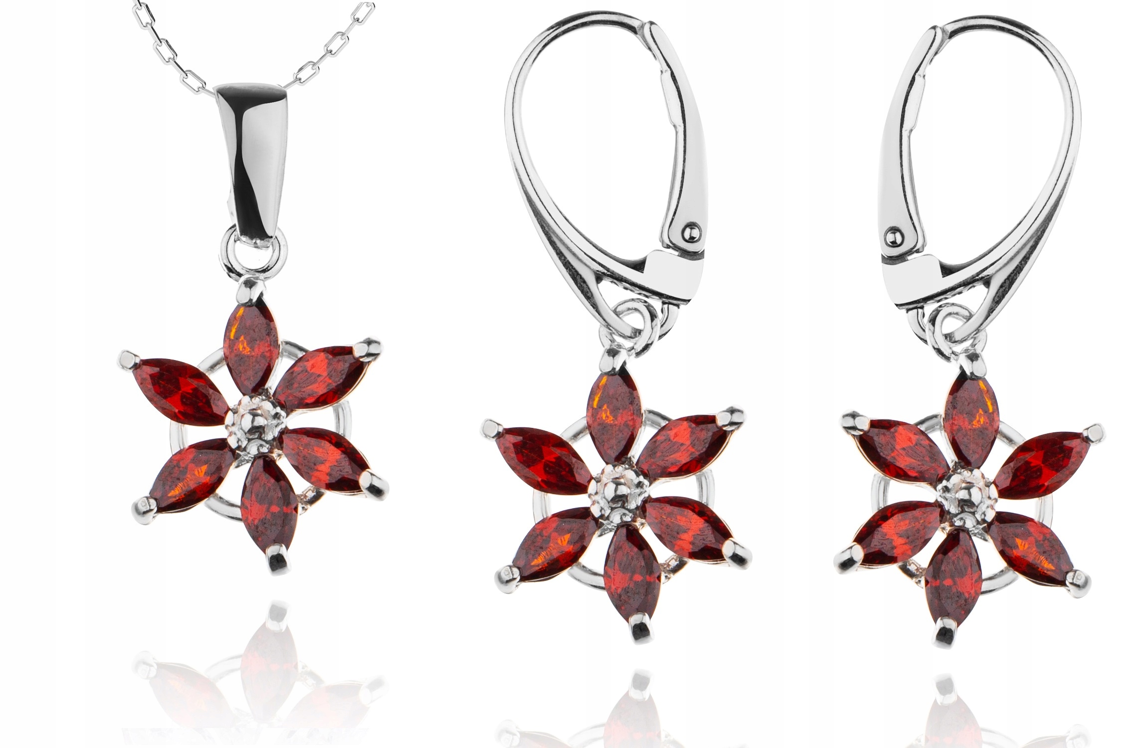 

Komplet Biżuterii Kwiatki Z Bordowymi Cyrkoniami