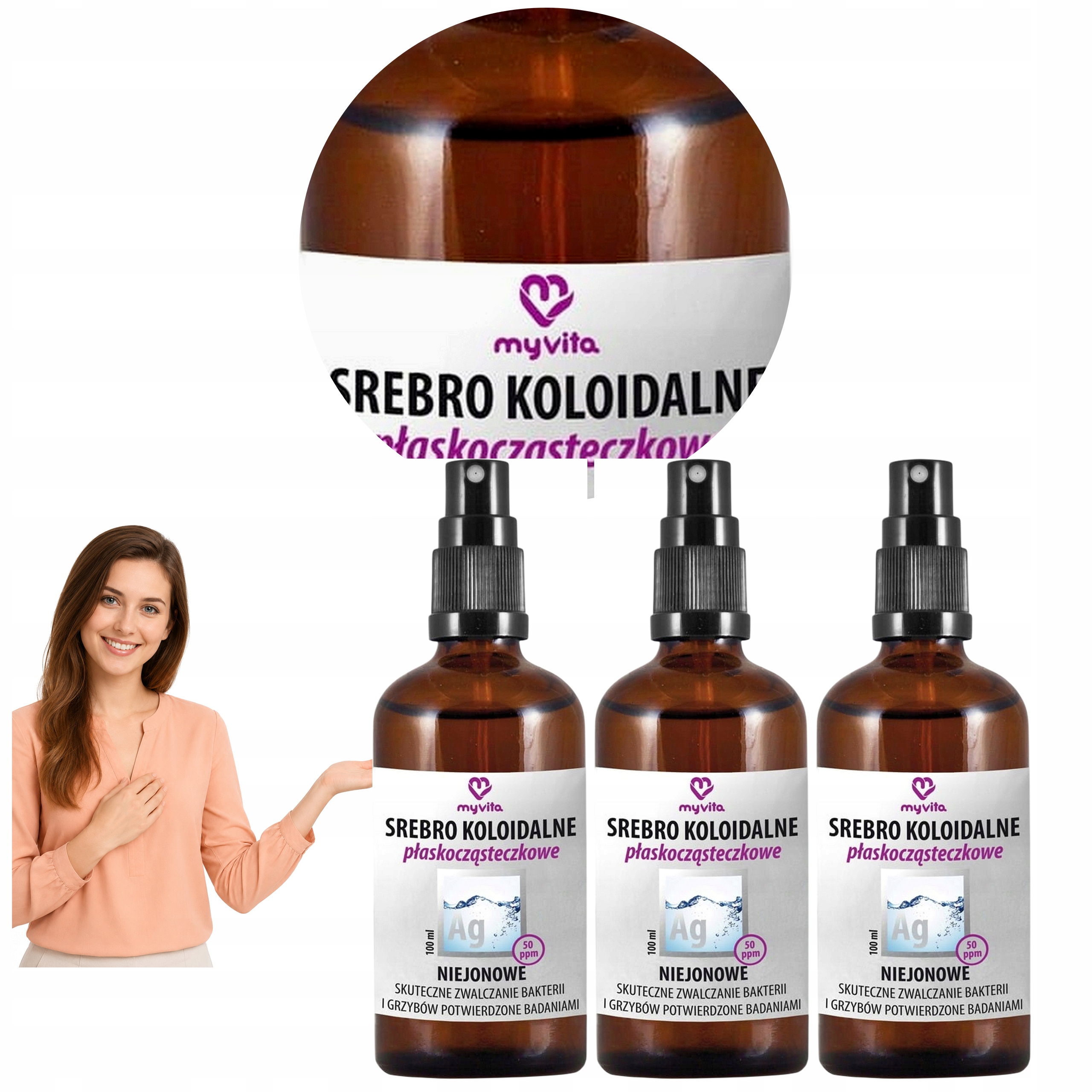 3x Myvita Srebro Koloidalne Niejonowe 50 Ppm Nanocząsteczki Płaskie 100 ml