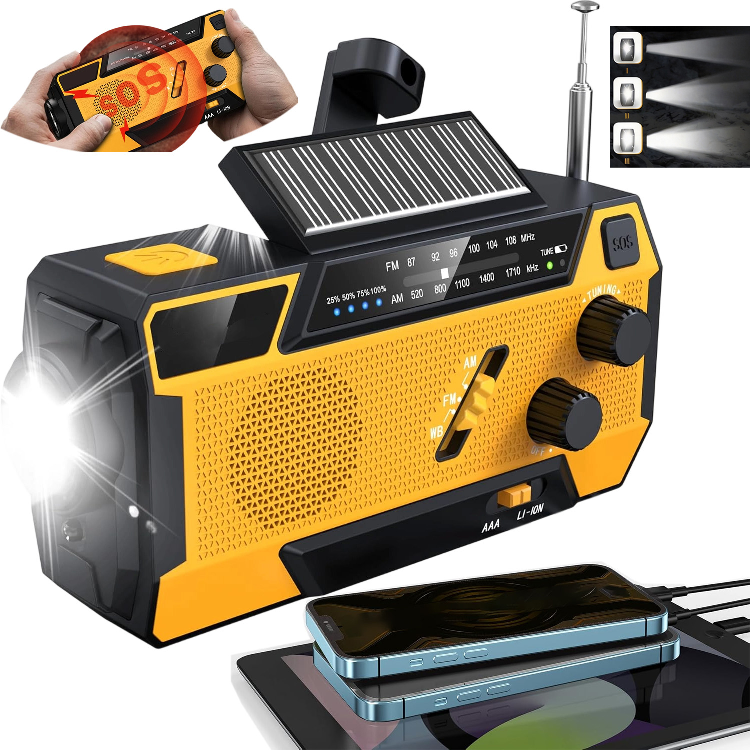Nouzové Solární Rádio S Kličkou, Alarm Dynamo Baterka Powerbanka 3V1