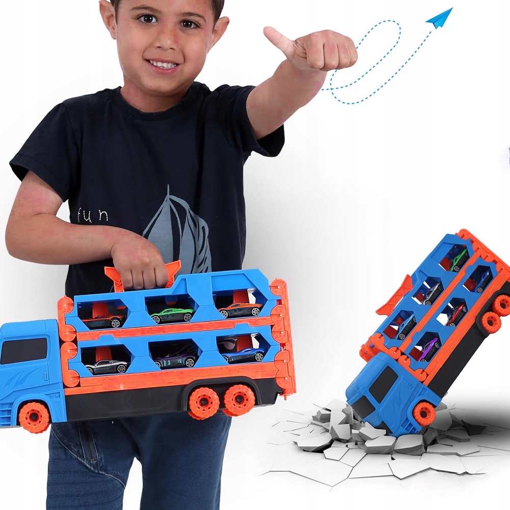 CIĘŻARÓWKA TIR ROZKŁADANA LAWETA TOR SAMOCHODOWY TRANSPORTER + 6 AUTKA Materiał plastik