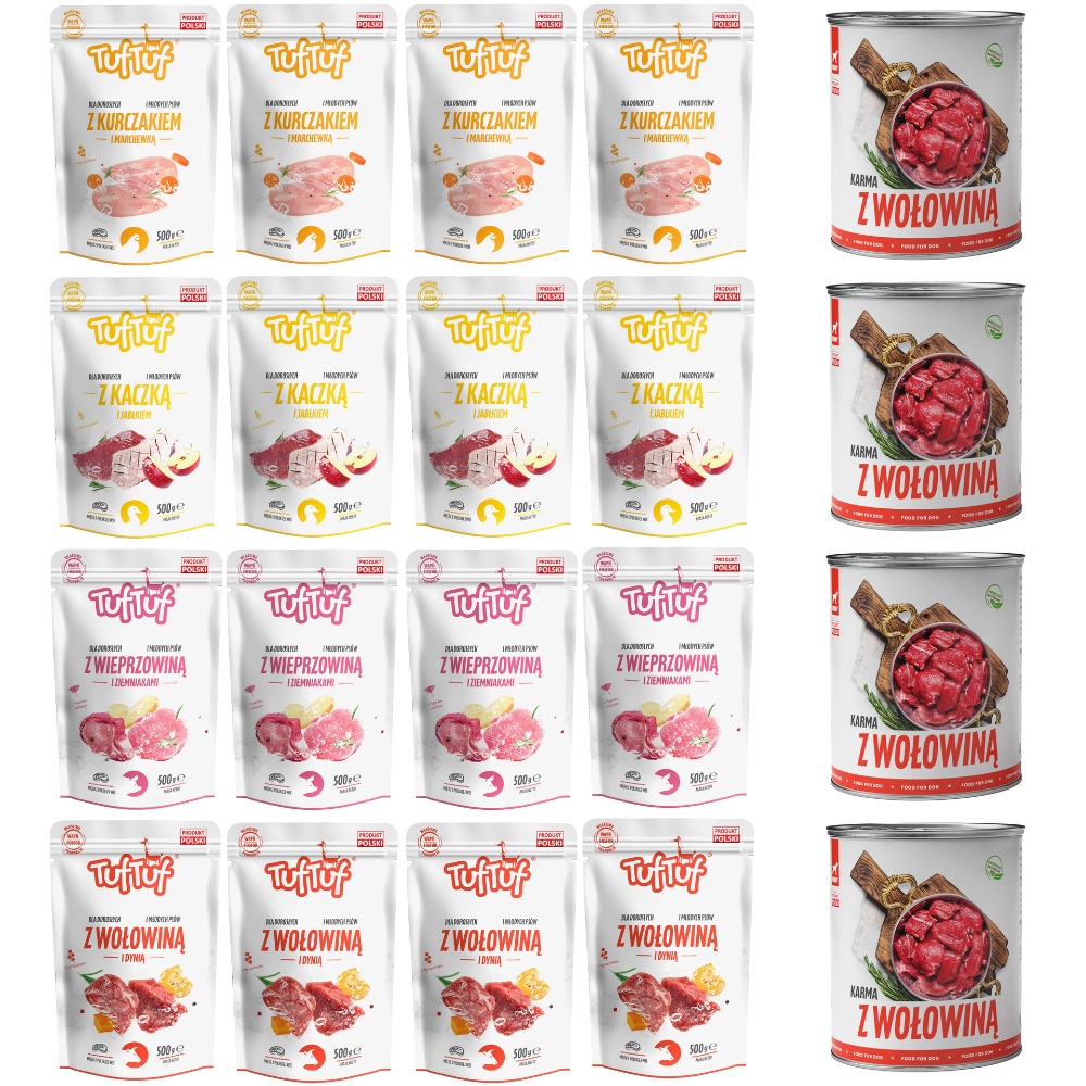 Levně Vlhké Krmivo Tuf Tuf MIX Set Sáček 16x500G Plechovka 4x800G Hovězí Maso