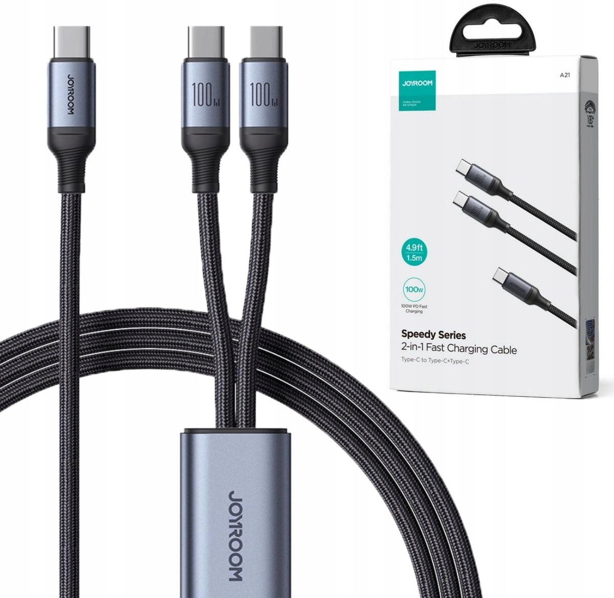 Kabel 2w1 Usb-c 2x Usb-c Joyroom Speedy SA21-1T2 150cm 100W w oplocie cza