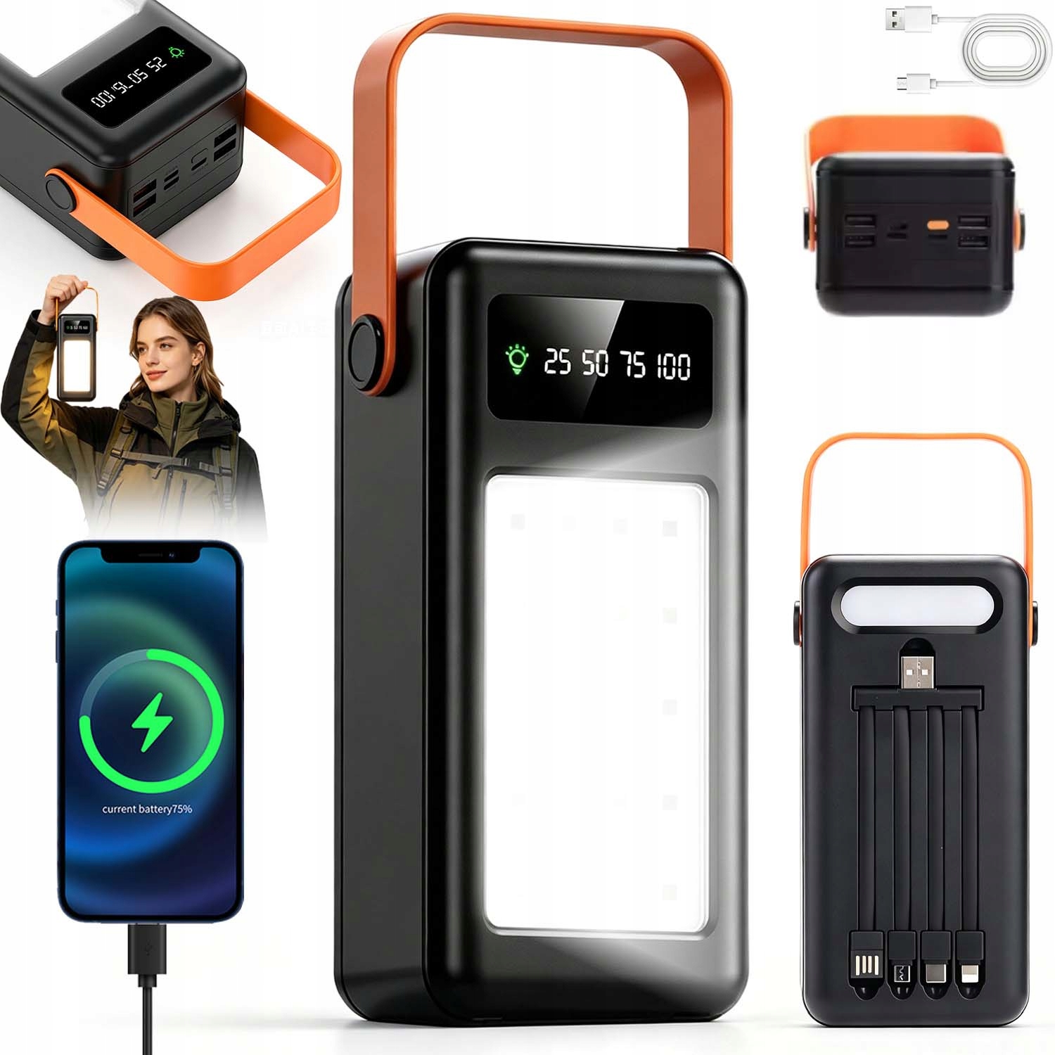 Powerbank 50000MAH Z Wbudowanymi Kablami Szybkie Ładowanie Power Bank 4W1