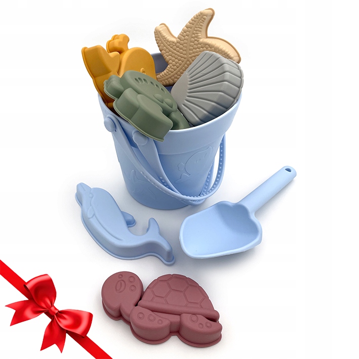 SILIKONOWE ZABAWKI DO PIASKOWNICY DO WODY NA PLAŻĘ WIADERKO+FOREMKI+ŁOPATKA