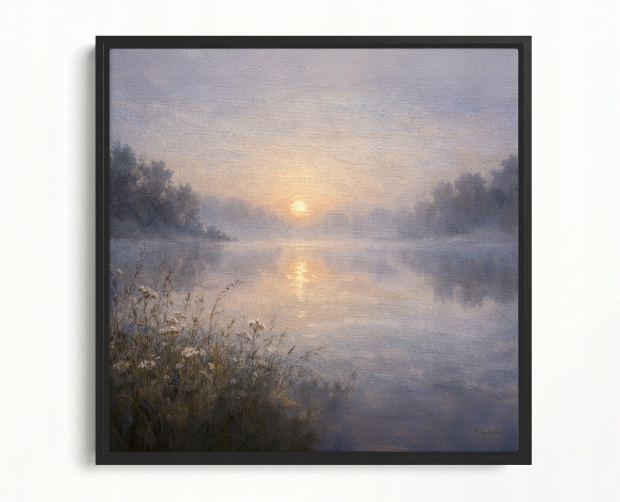 Obraz Rám Americká Krabička Jezero Les Břeh Slunce Ráno Úsvit Mlhy 60x60