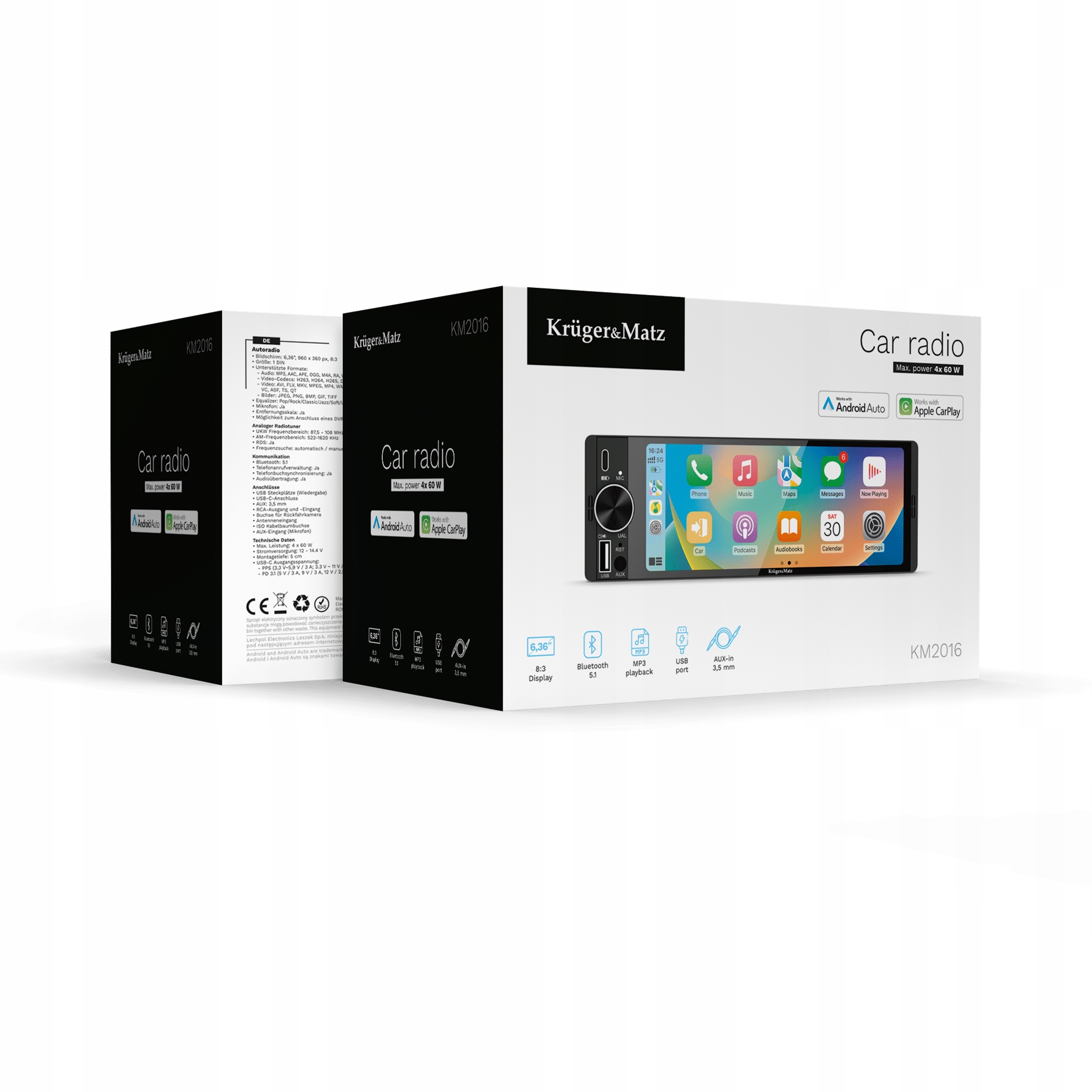 Autorádio Android Auto CarPlay Kruger&Matz KM2016 1DIN Bluetooth