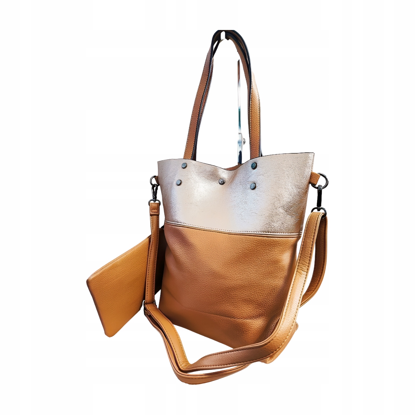 Ines Delaure tmavě béžová nákupní kabelka s lesklou peněženkou