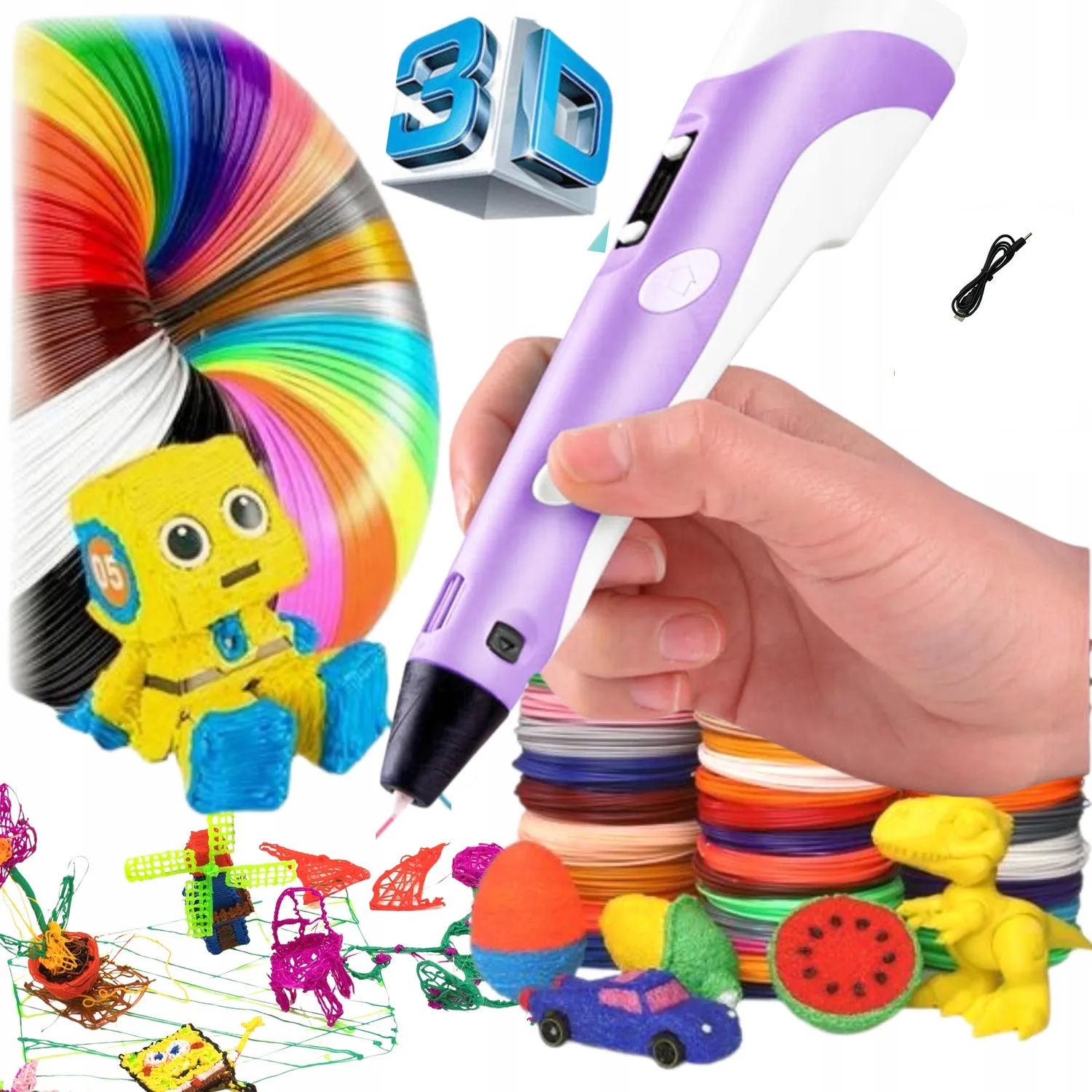 DŁUGOPIS 3D DRUKARKA MAGICZNY PEN DLA DZIECI ZESTAW 10 Metrów WKŁADY PLA Wysokość produktu 12 cm