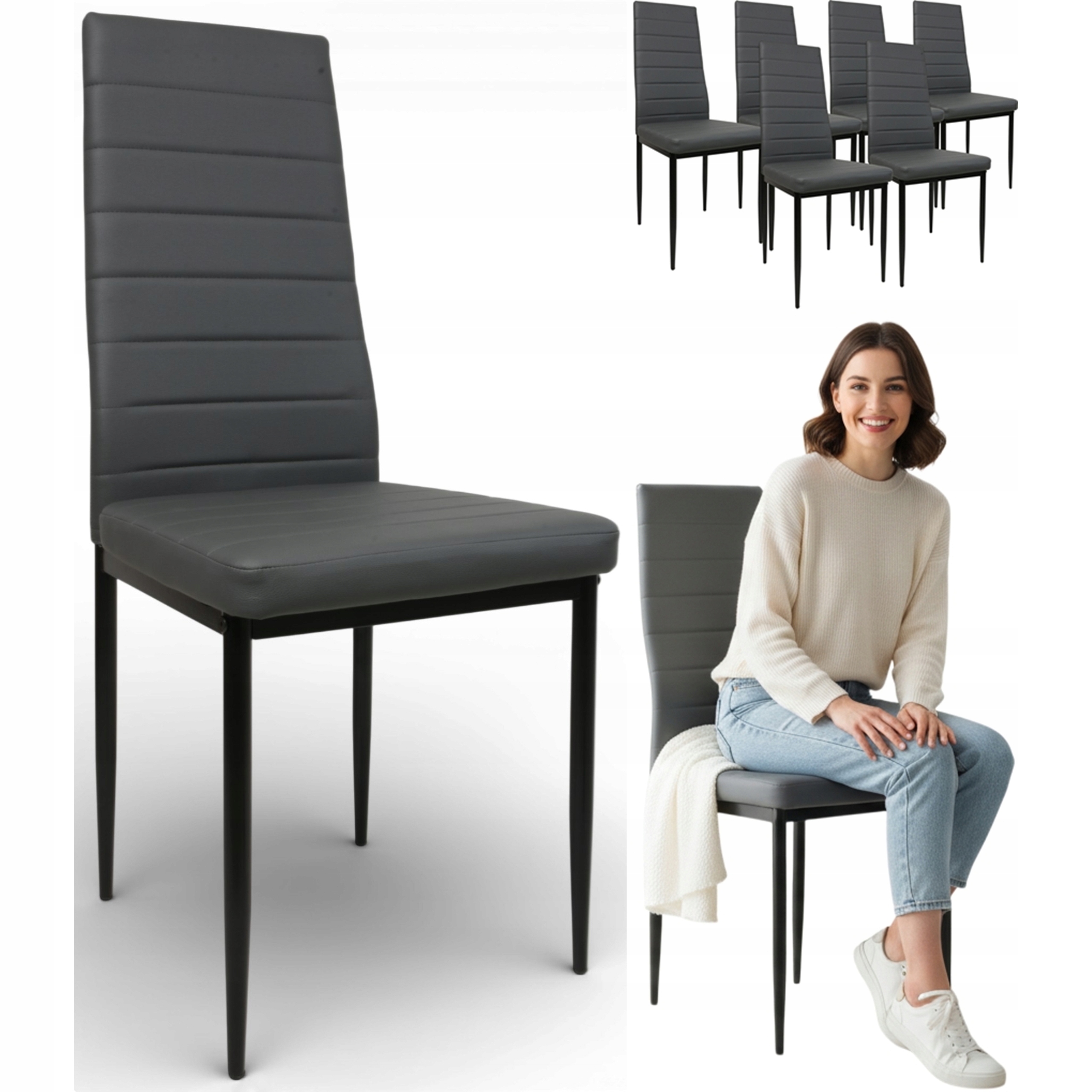6 Křesel Brand moderní šedá prošívaná kuchyně obývací pokoj glamour loft