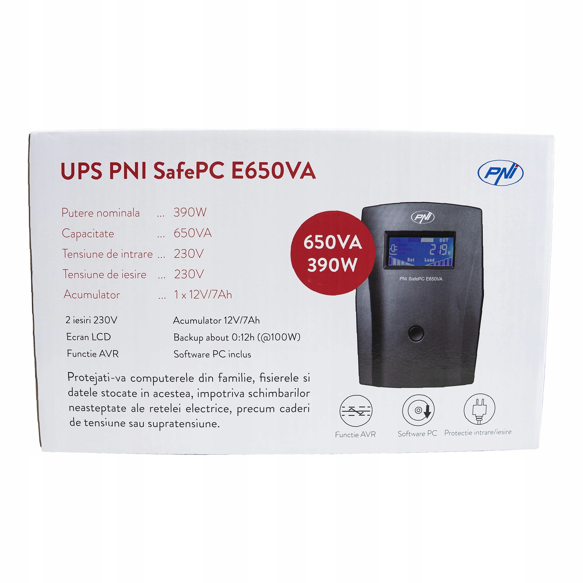Ups Pni SafePC E650VA, výkon 390W, 1,8A, výstup 2 x 230V, LCD obrazovka, ba