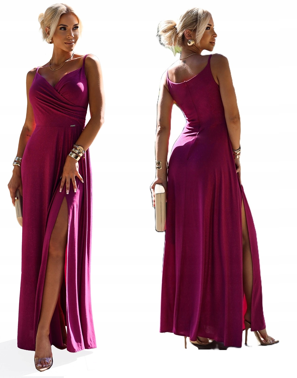 Elegantní Šaty Na Ramínka S Velkým Výstřihem Na Boku, Fuchsiové, Se Třpytkami