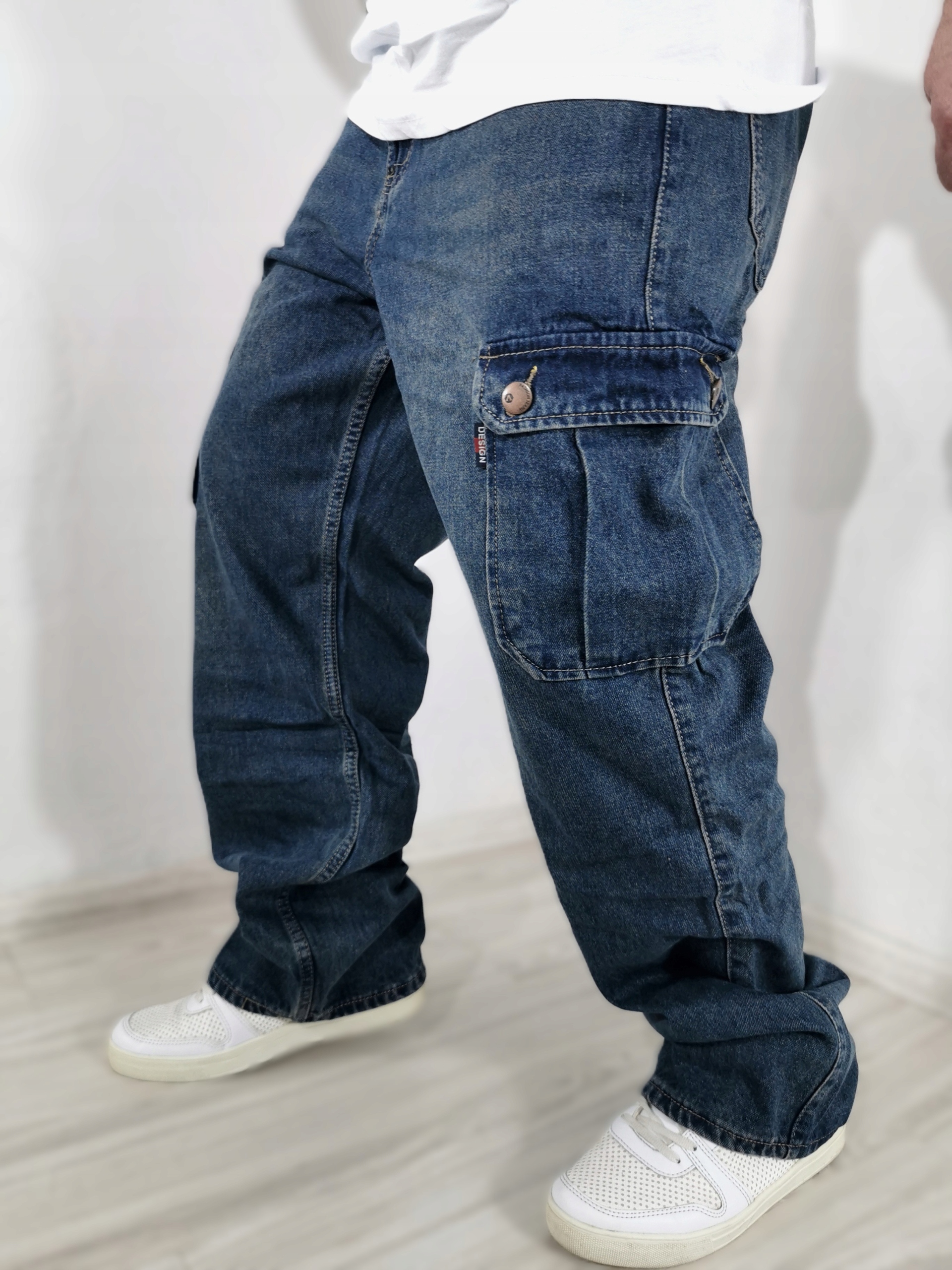 Pánské džínové kalhoty kapsáče cargo s otíranými širokými nohavicemi baggy 36