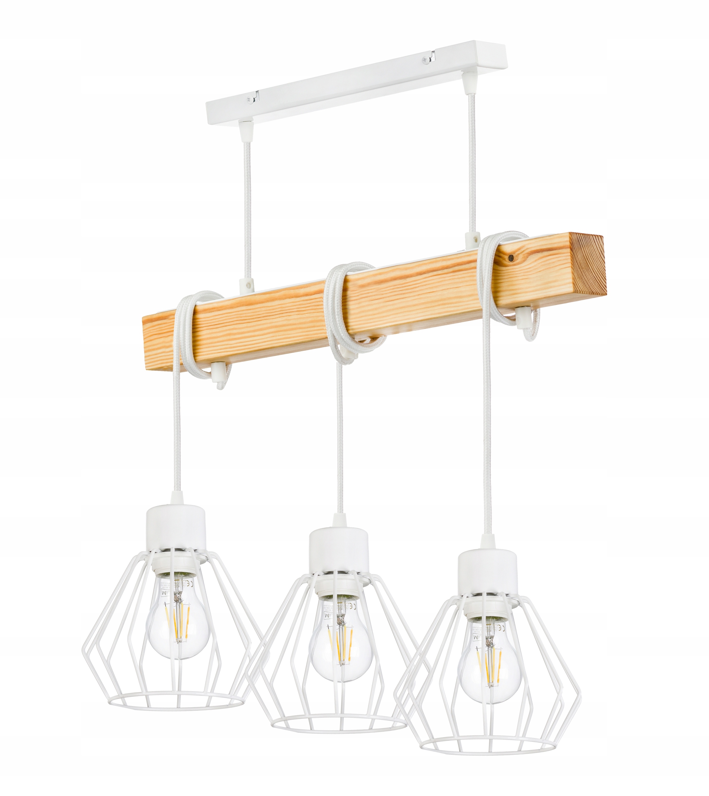 Dřevěná závěsná stropní lampa Lustr Zwis Loft Bílý Drát 3x E27