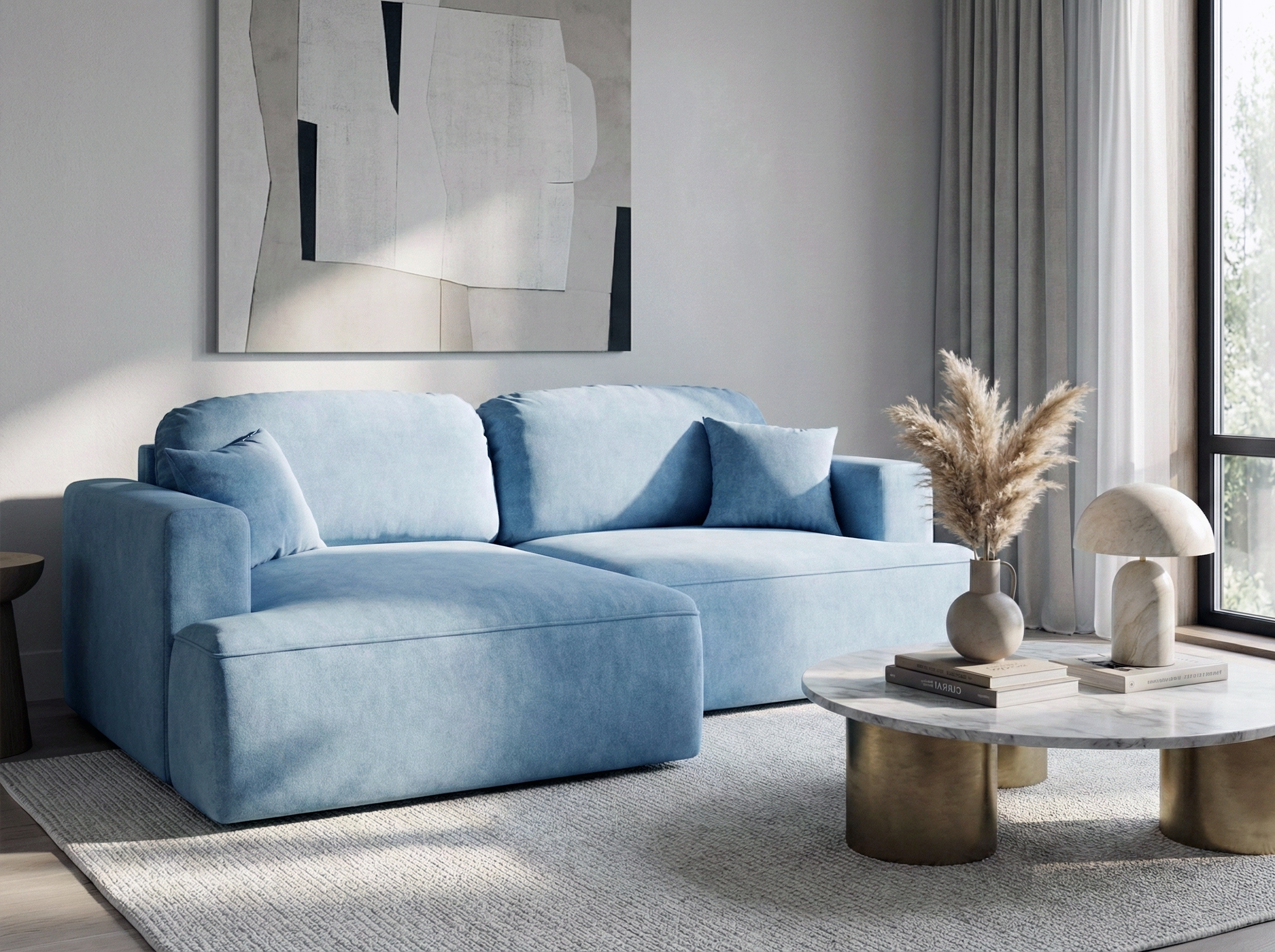 Rohová Sedací Souprava s funkcí spaní Sunny levá s úložným prostorem na povlečení, modrý velur