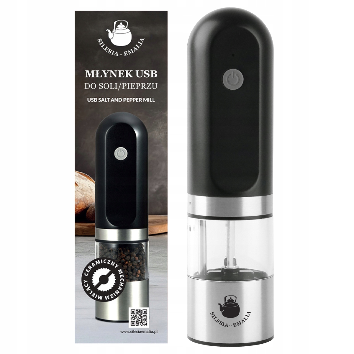 Młynek do pieprzu do soli ceramiczny elektryczny USB czarny