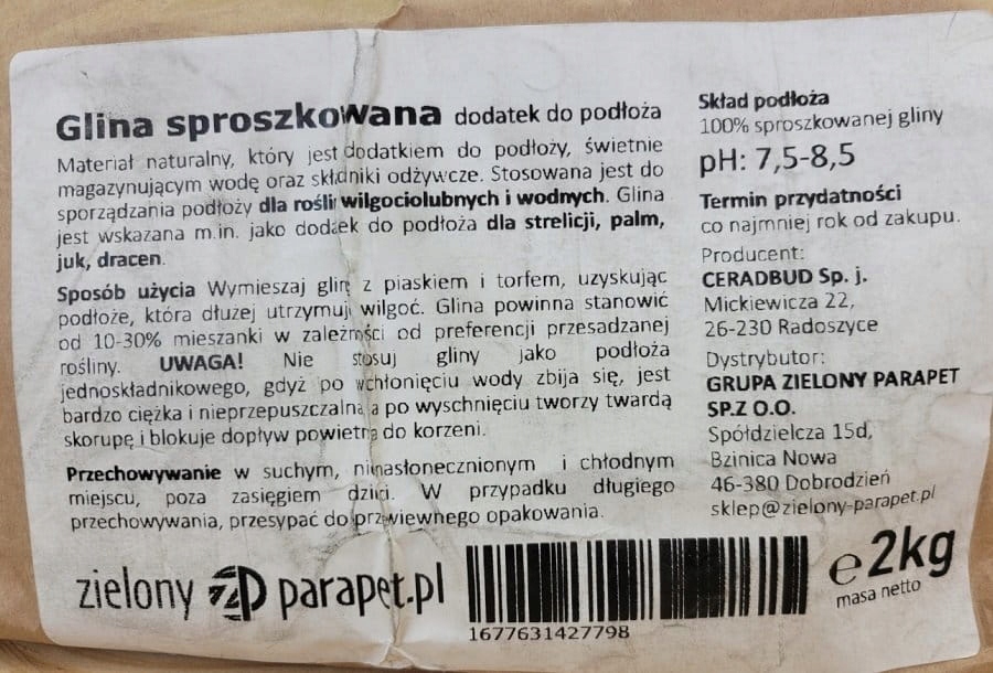 GLINA SPROSZKOWANA dodatek do podłoży 2kg Pojemność 1 l
