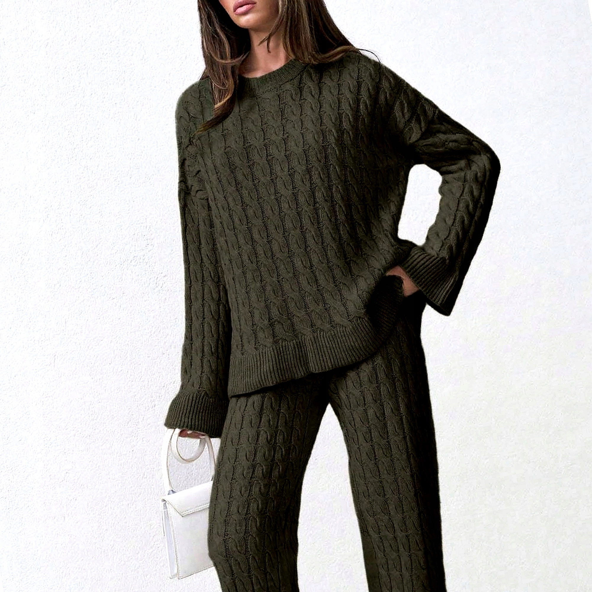 Olivový Casual Přechodný dámský svetrový komplet na zimu L 40