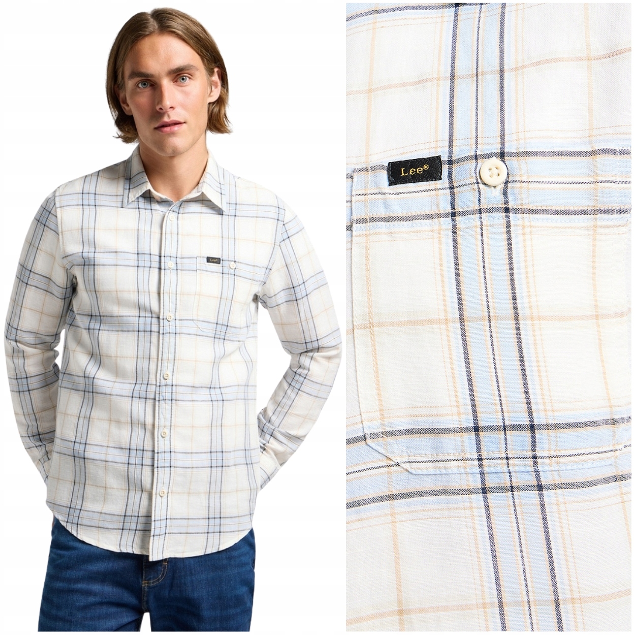 Lee Leesure Shirt Shy Blue lněná košile pánská kostkovaná Regular Fit L