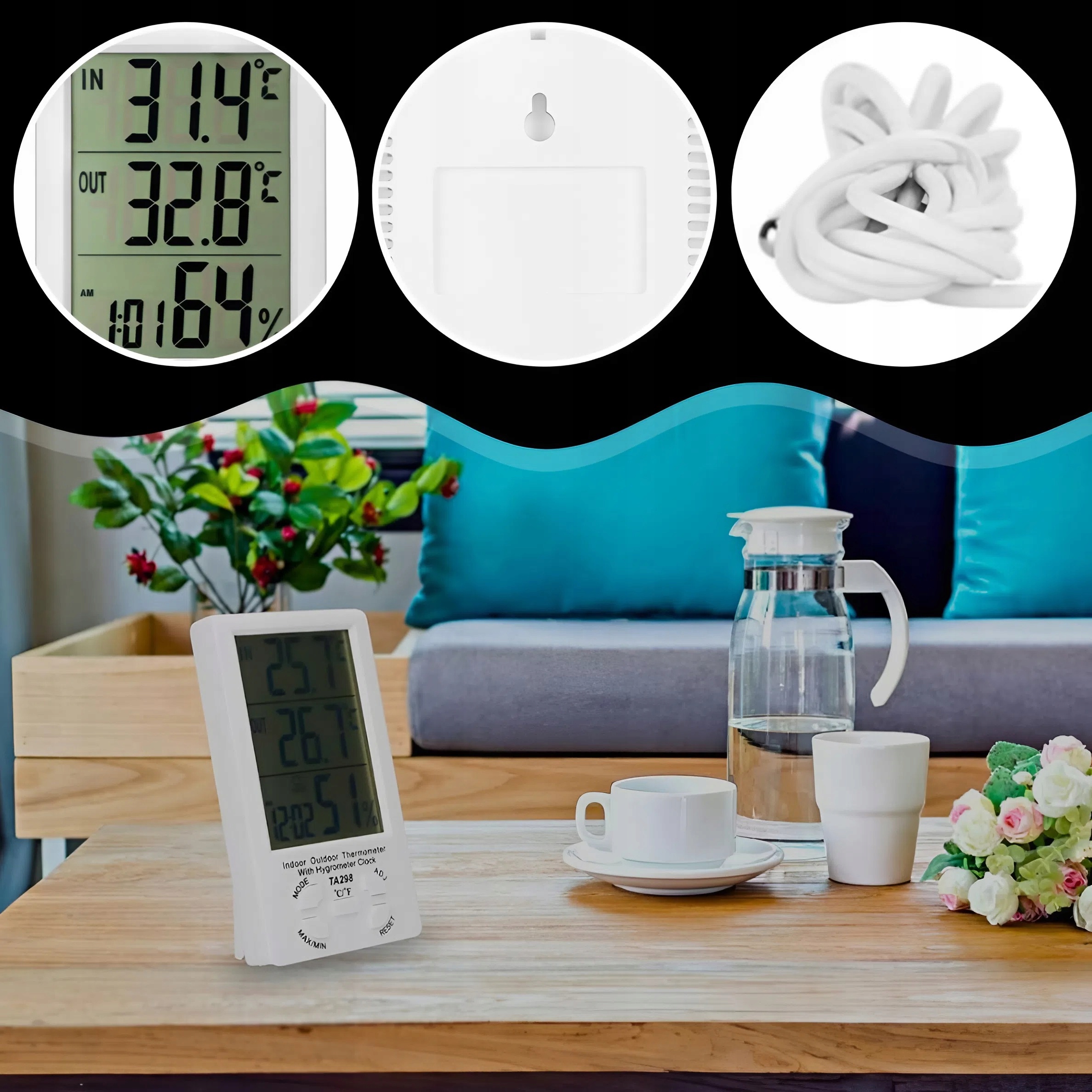 STACJA POGODY POGODOWA TERMOMETR HIGROMETR LCD ZEGAR Z SONDĄ POKOJOWY Model TERMOMETR ZEWNĘTRZNY WEWNNĘTRZNY WYŚWIETLACZ