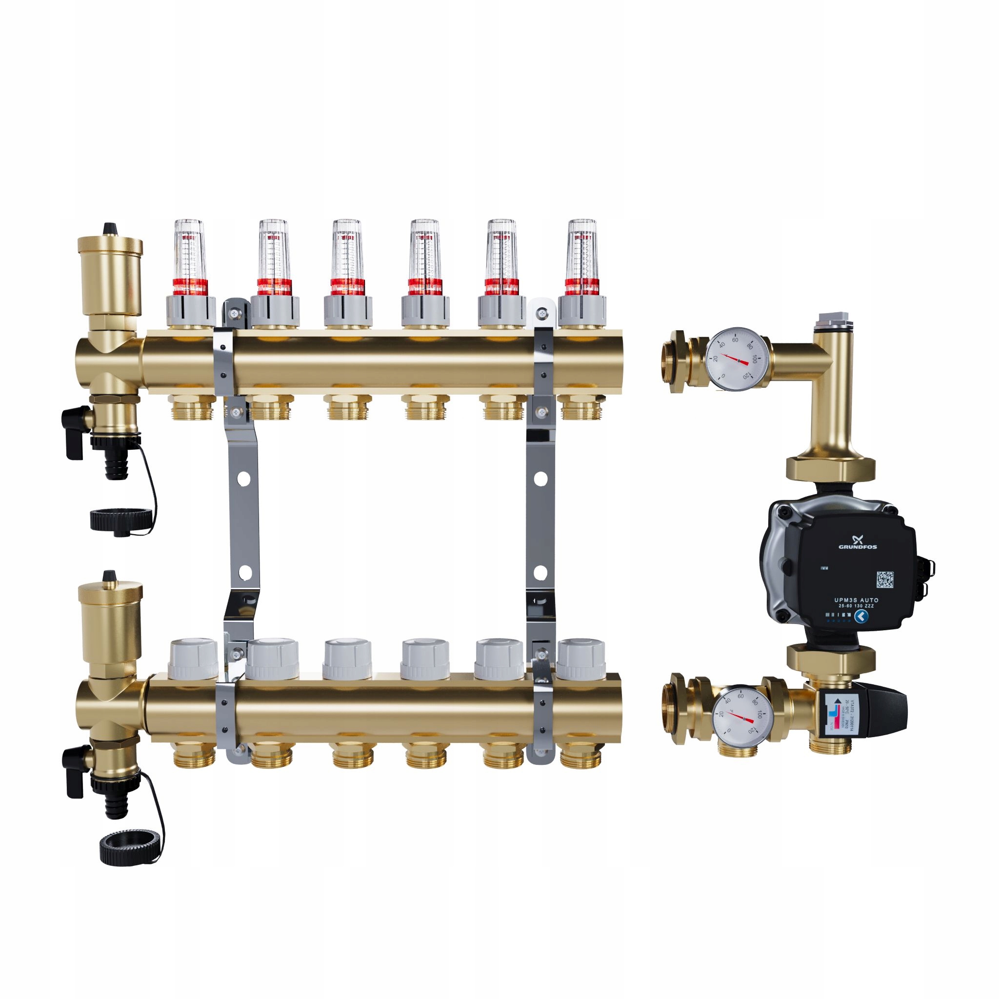 Rozdělovač pro podlahové topení 6 sekcí mosazný Pompa Grundfos