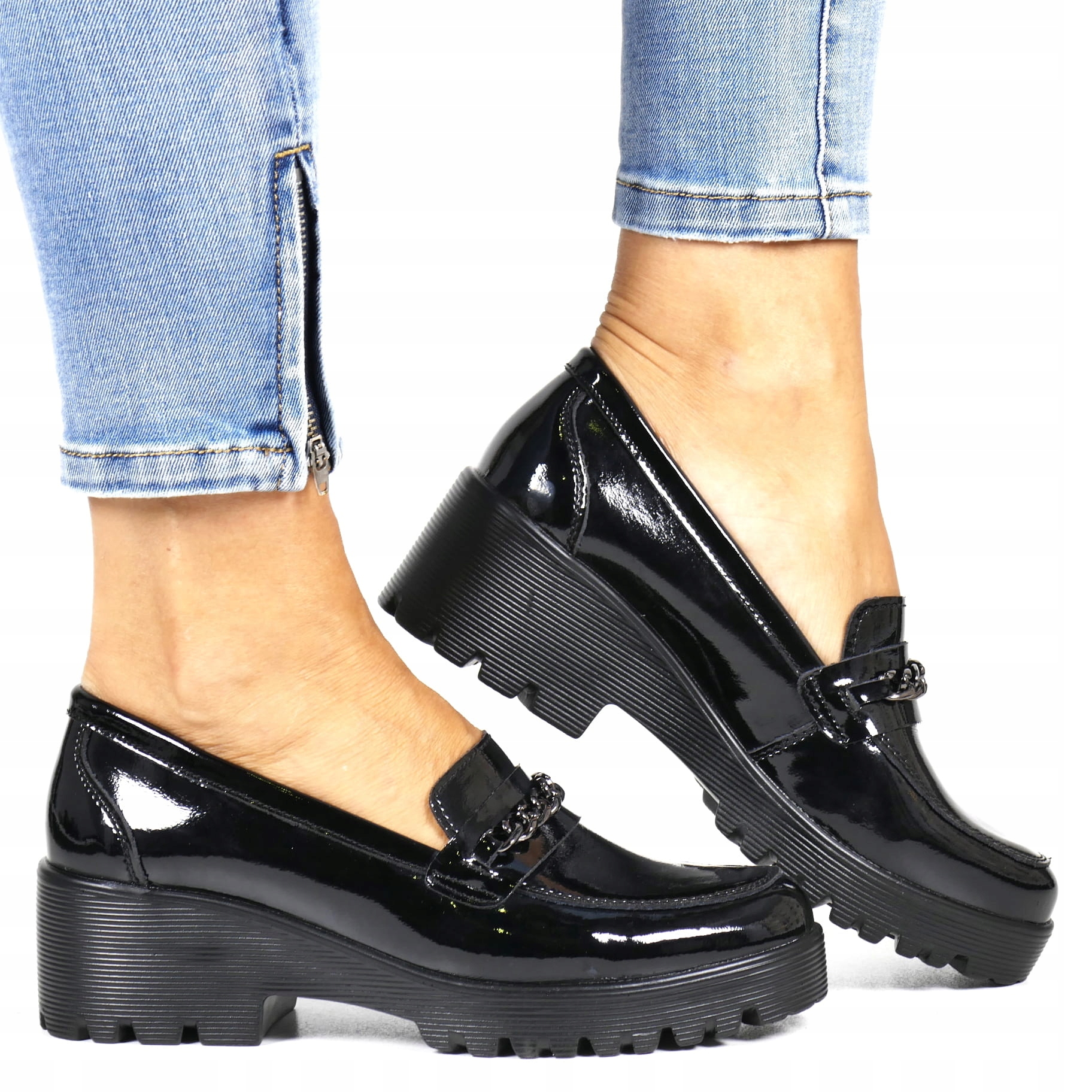 iButy Dámské Boty Polobotky Mokasíny Z Kůže Na Koturně Pohodlné Černé