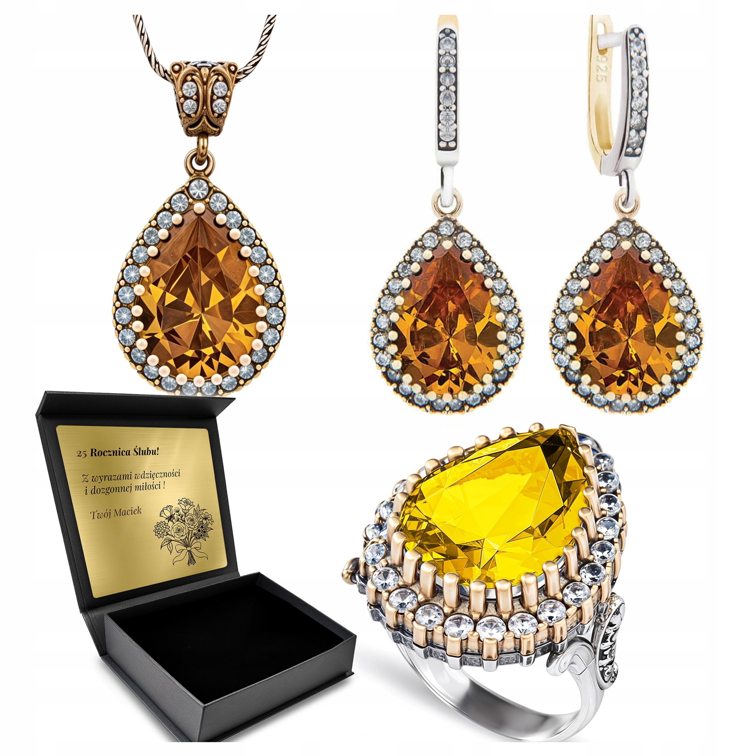 Set Stříbrných Šperků 925 Se Zirkony A Citronem Pro Ženu Gravírování