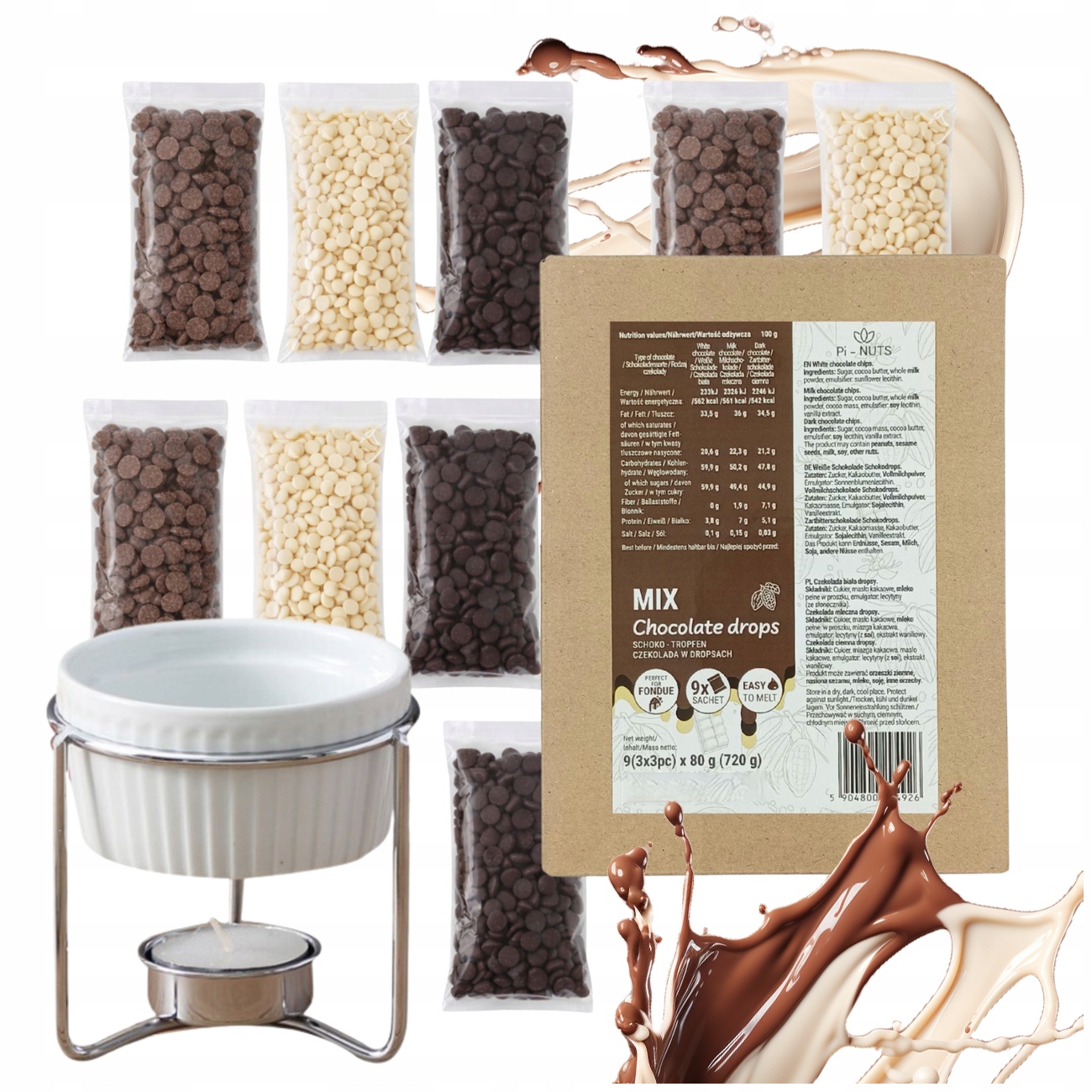 Czekolada Biała Mleczna Ciemna Do Fondue I Deserów Z Podgrzewaczem Zestaw