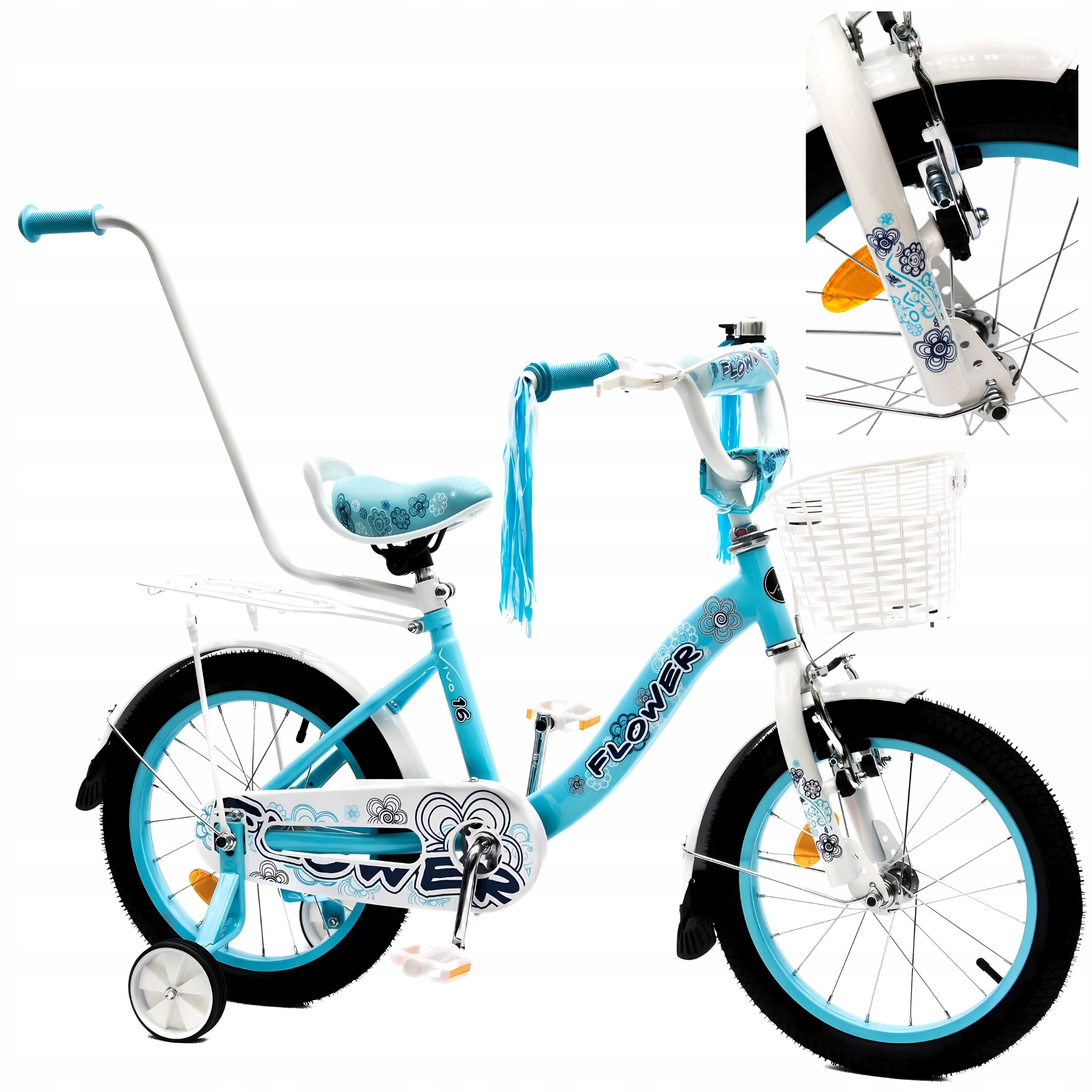 Rower 16 cali Dziecięcy Błękitno biały Flower Boczne Kółka popychacz Koszyk