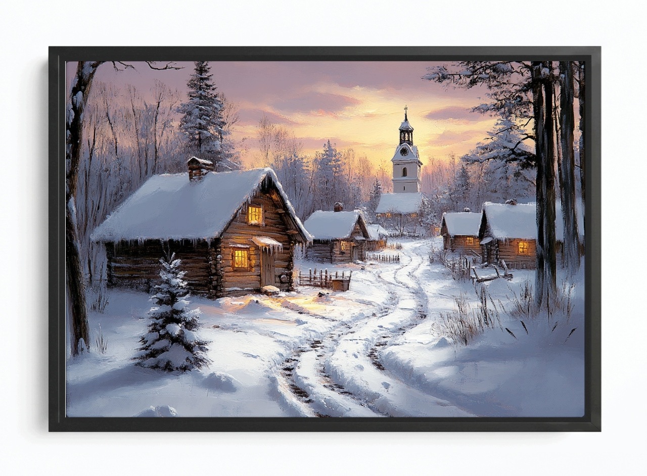 Obraz Rám Americký Box Krajina Vesnice Kostel Domy Zima Sníh 60x40