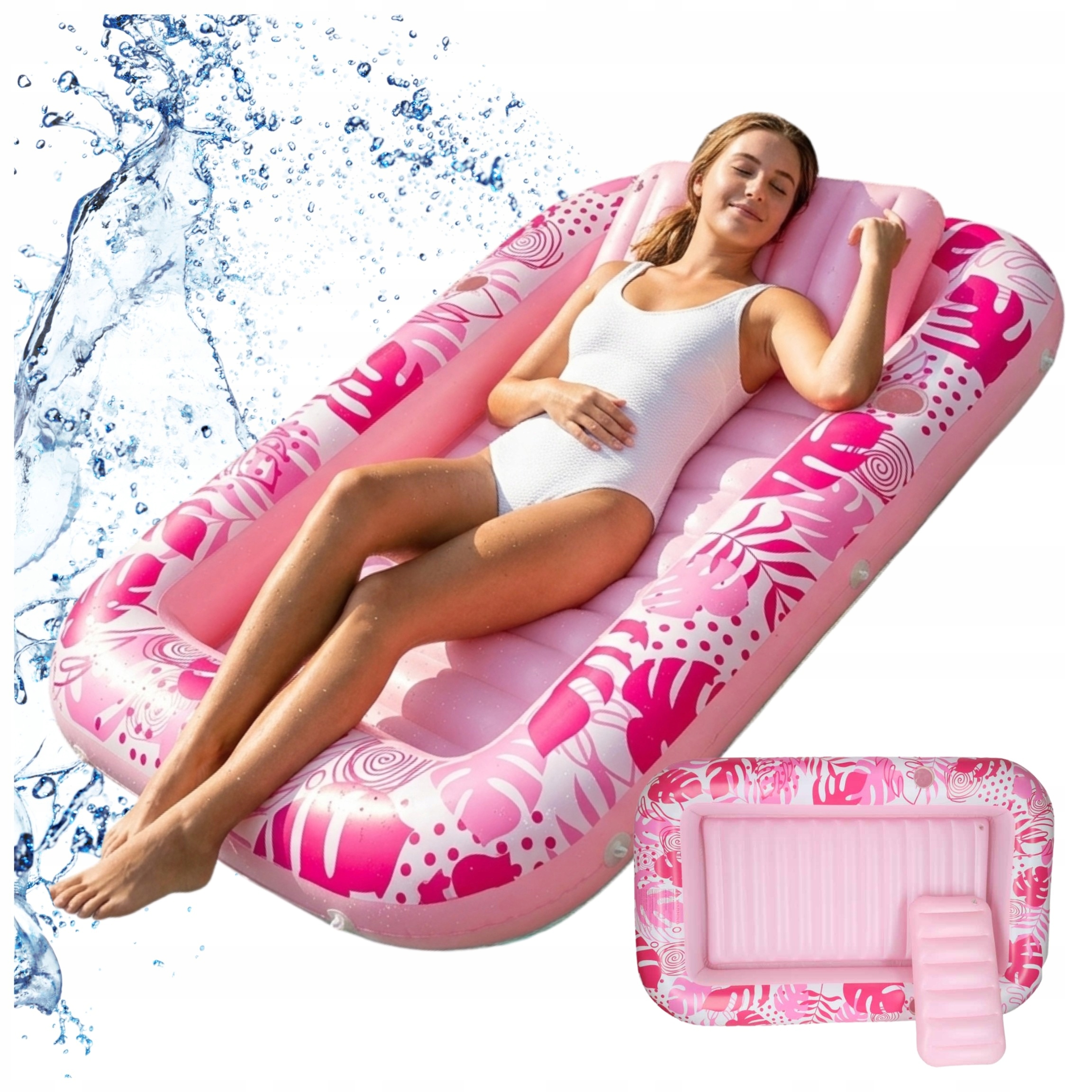 Materac Dmuchany Do Pływania Basenowy Plażowy Z Poduszką Różowy Leżak Wodny